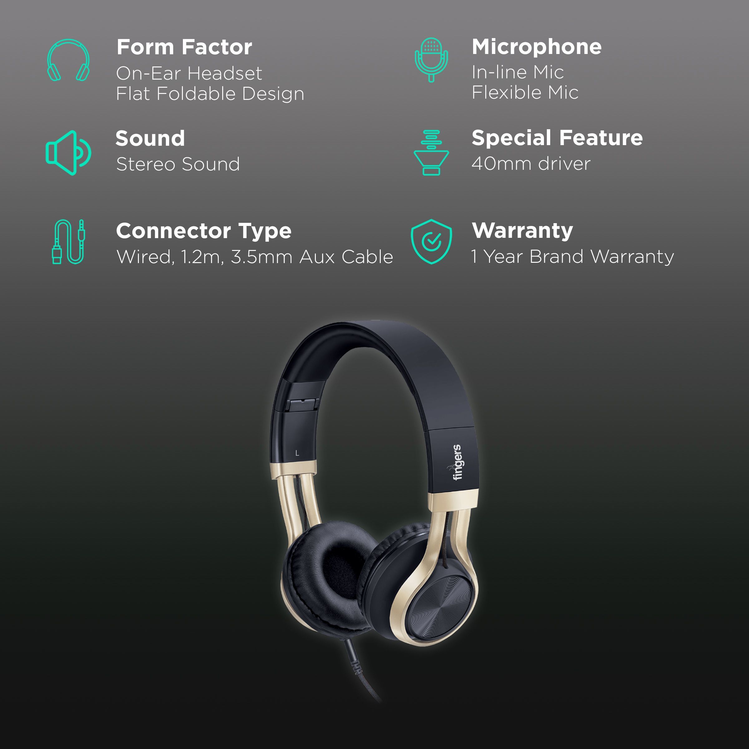 fingers Showstopper H5 Wired Headphone with Mic (On Ear, Black/Soft Gold) fingers Showstopper H5 Wired Headphone with Mic (On Ear, Black/Soft Gold)_2