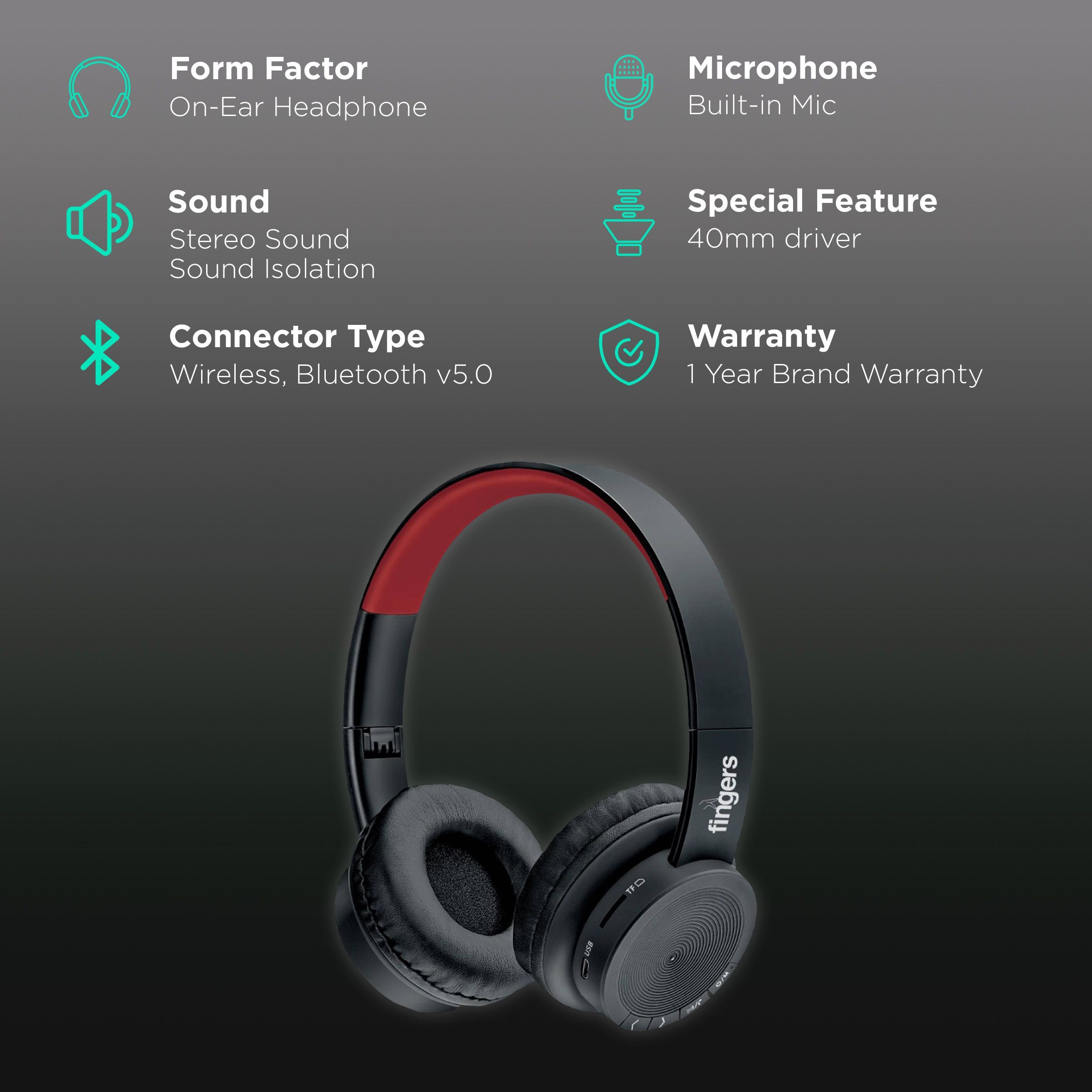 fingers Rock-N-Roll H2 Bluetooth Headphone with Mic (9 Hours Playback, On Ear, Soft Black/Rich Red) fingers Rock-N-Roll H2 Bluetooth Headphone with Mic (9 Hours Playback, On Ear, Soft Black/Rich Red)_2