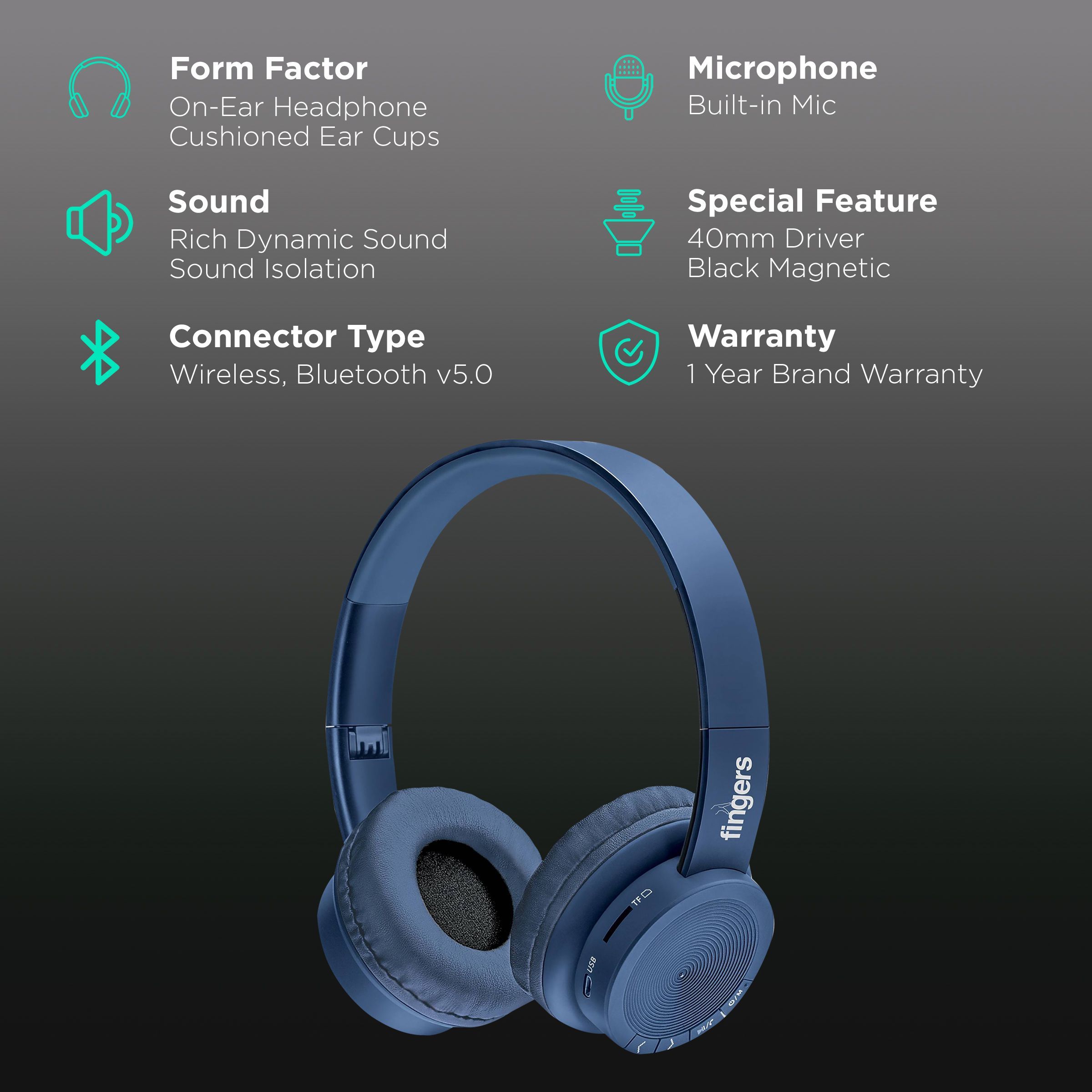 fingers Rock-n-Roll H2 Bluetooth Headphone with Mic (Foldable Design, On Ear, Oxford Blue)_2
