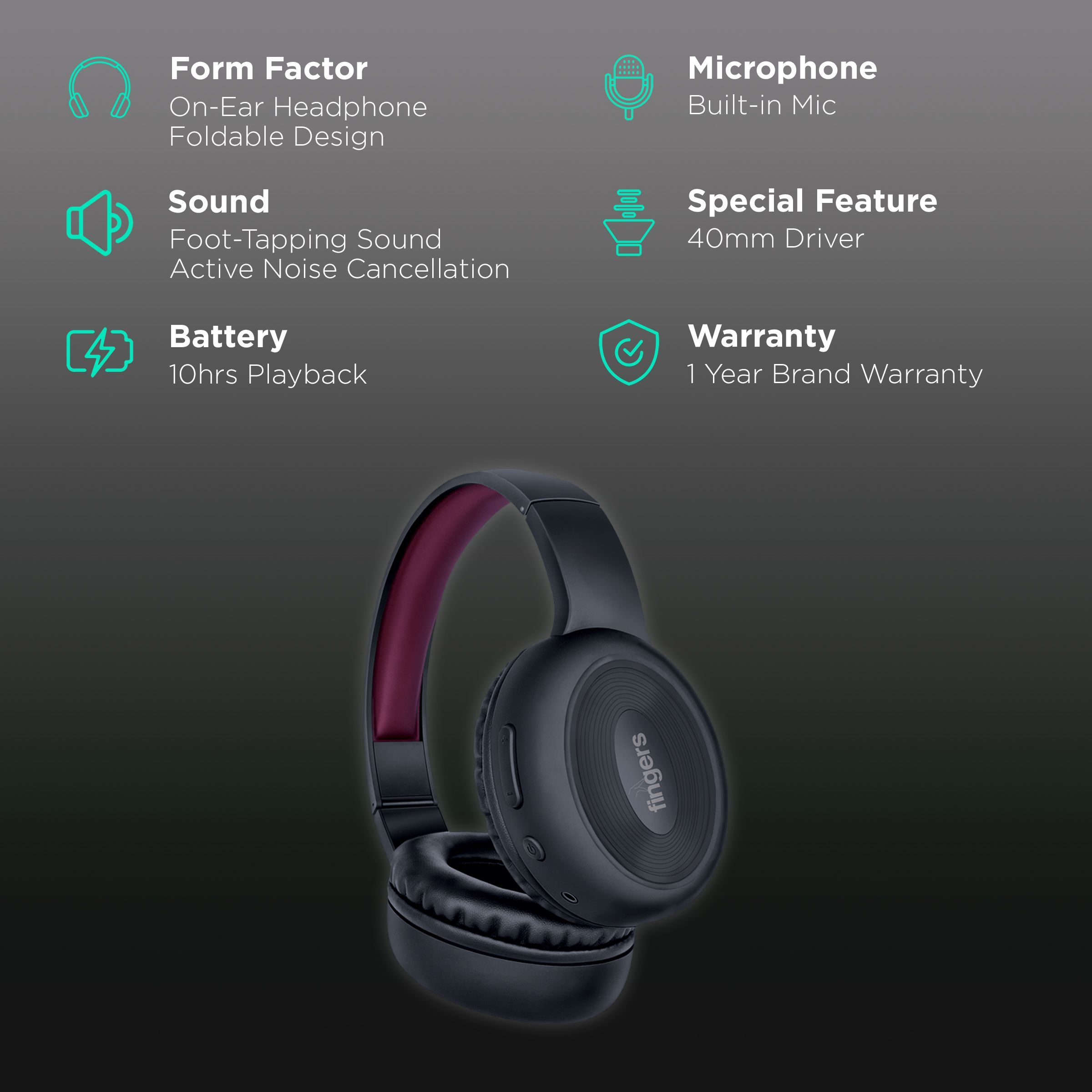 fingers Rock-n-Roll Lounge Bluetooth Headset with Mic (10 Hours Playtime, On Ear, Rich Black/Wine)_2