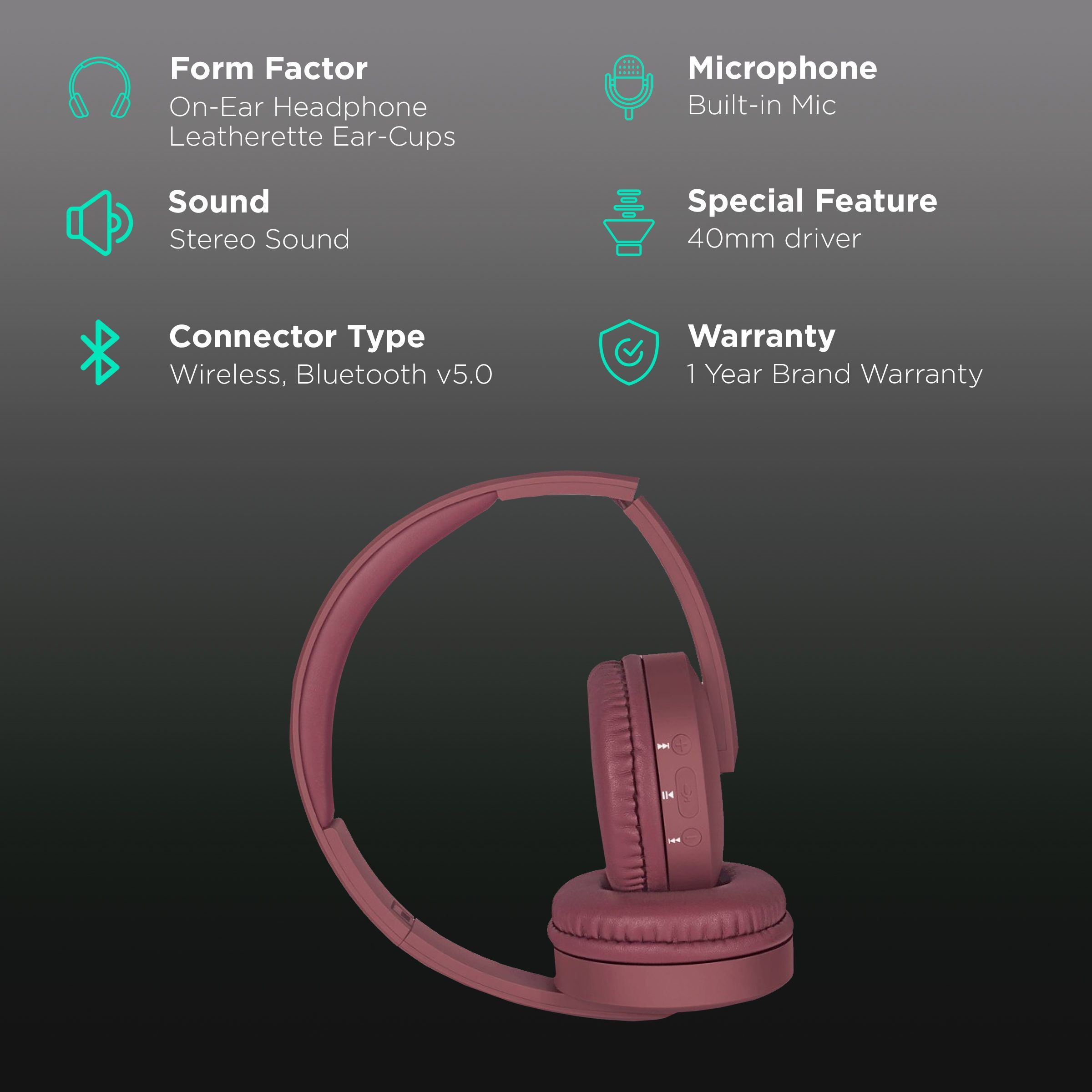 fingers Beaute Bluetooth Headphone with Mic (11 Hours Playback, On Ear, Mocha Maroon)_2