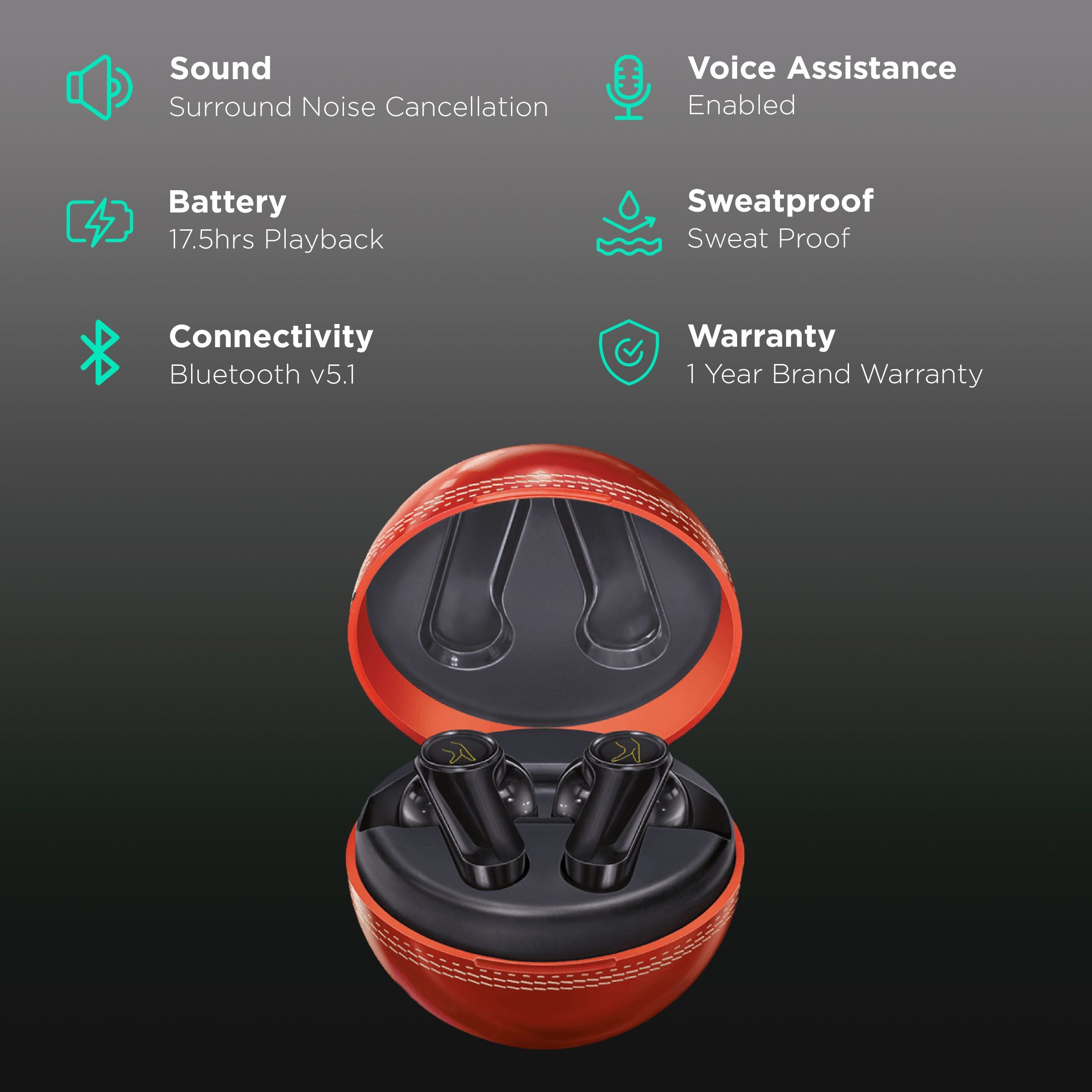 fingers Yorker TWS Earbuds with Surround Noise Cancellation (Sweatproof, 17.5 Hours Playback, Cherry Red/Black)_2