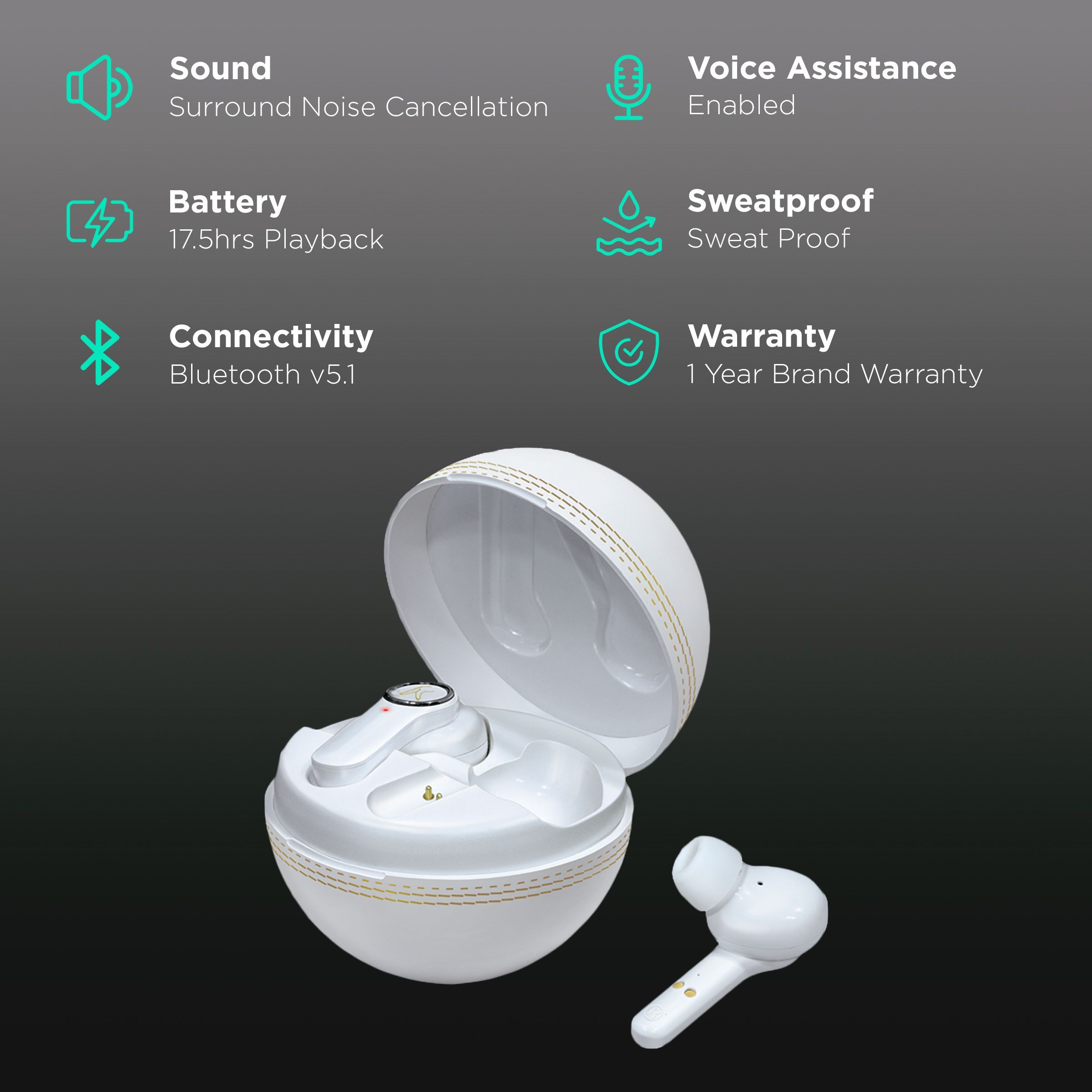 fingers Yorker TWS Earbuds with Surround Noise Cancellation (Sweatproof, 17.5 Hours Playback, Piano White)_2