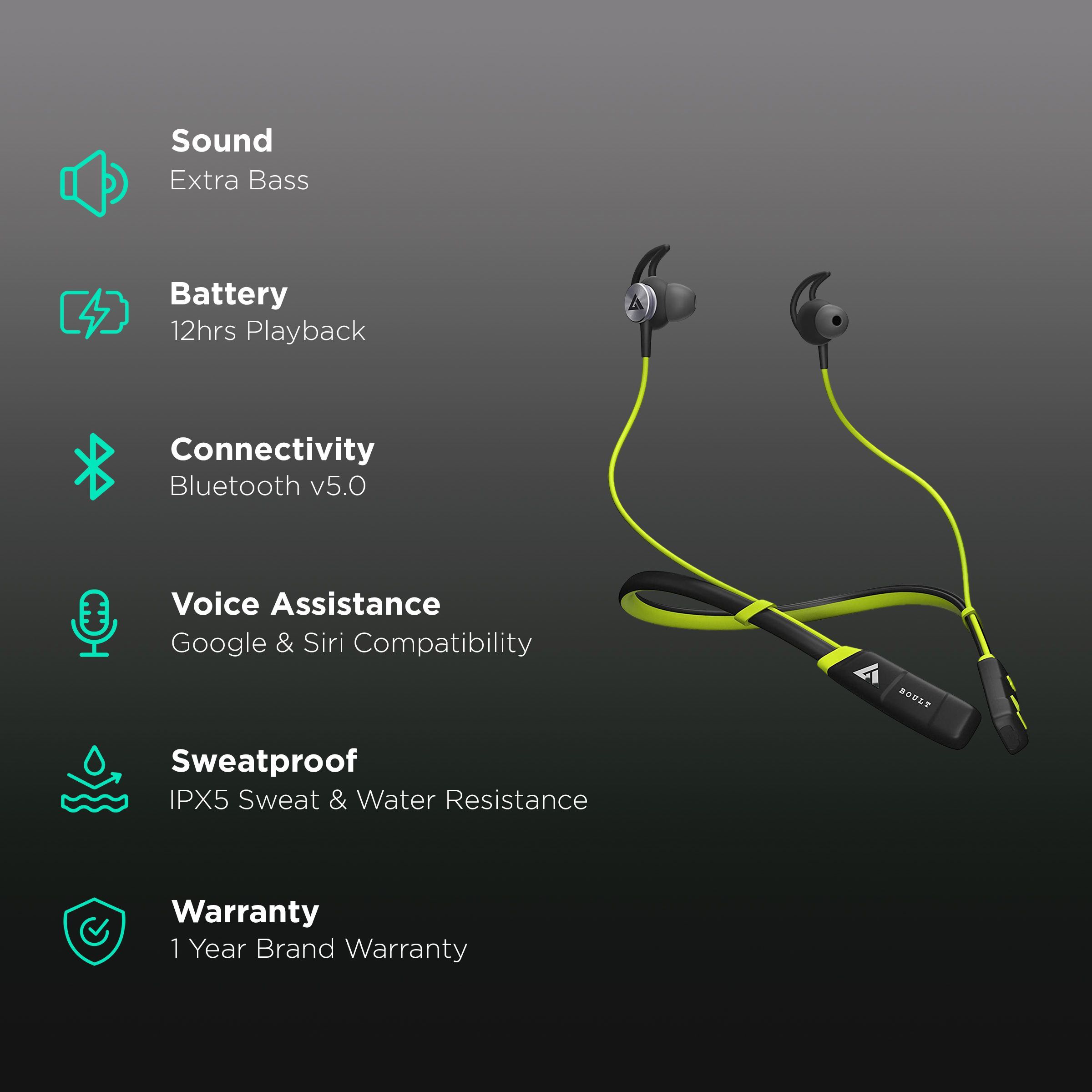GOBOULT ProBass Curve Pro BA-RD-CurvePro Neckband with Noise Isolation (IPX5 Sweat & Water Resistant, Google & Siri Compatibility, Green)_2