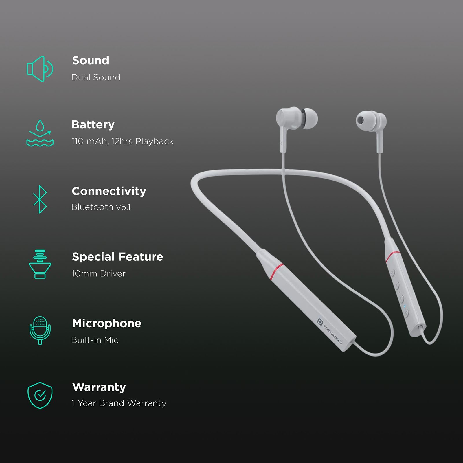 PORTRONICS Harmonics 400 POR 1589 In-Ear Wireless Earphone with Mic (Hi-Fidelity Sound, Grey)_2