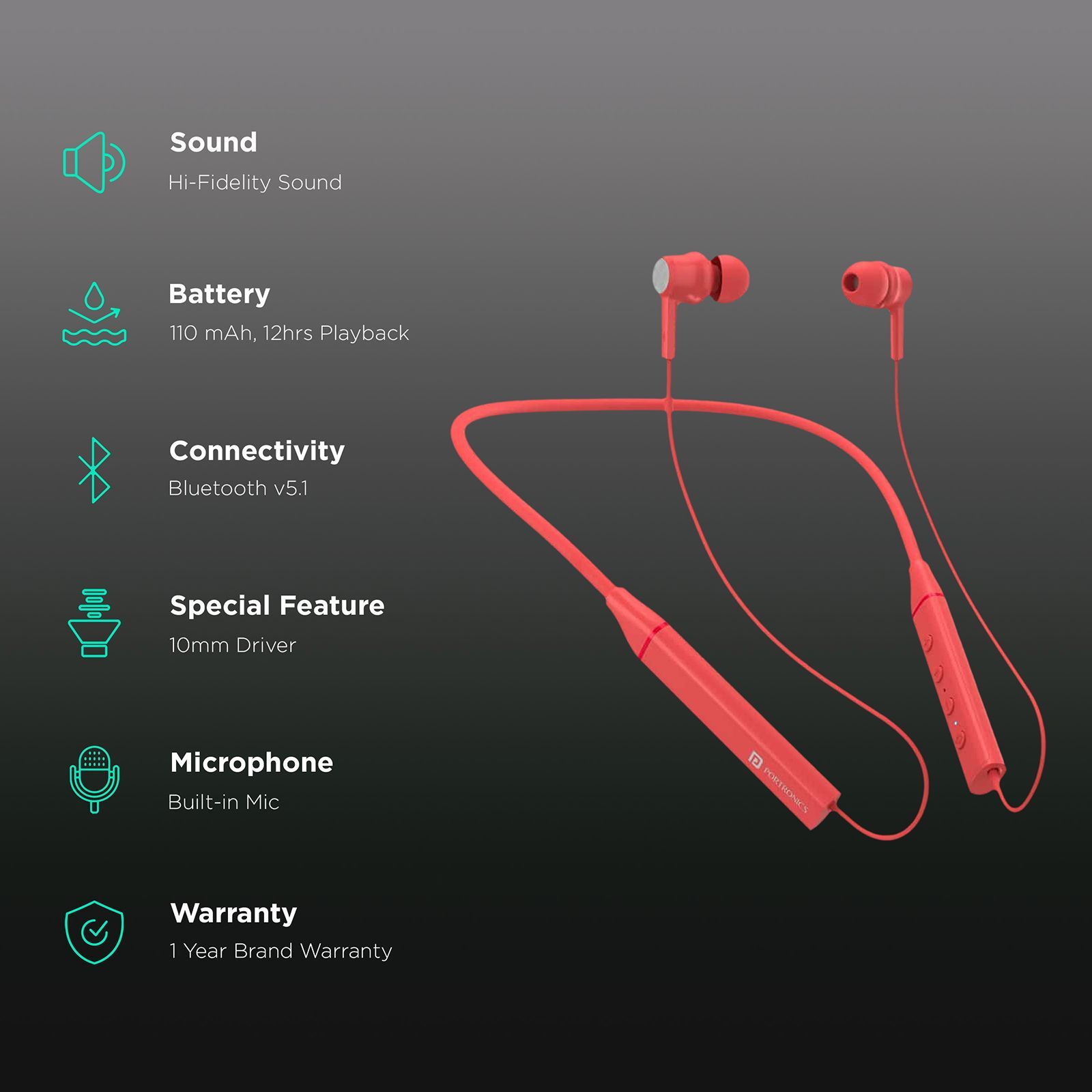 PORTRONICS Harmonics 400 In-Ear Wireless Earphone with Mic (Bluetooth 5.1, Hi-Fidelity Sound, Red) PORTRONICS Harmonics 400 In-Ear Wireless Earphone with Mic (Bluetooth 5.1, Hi-Fidelity Sound, Red)_2