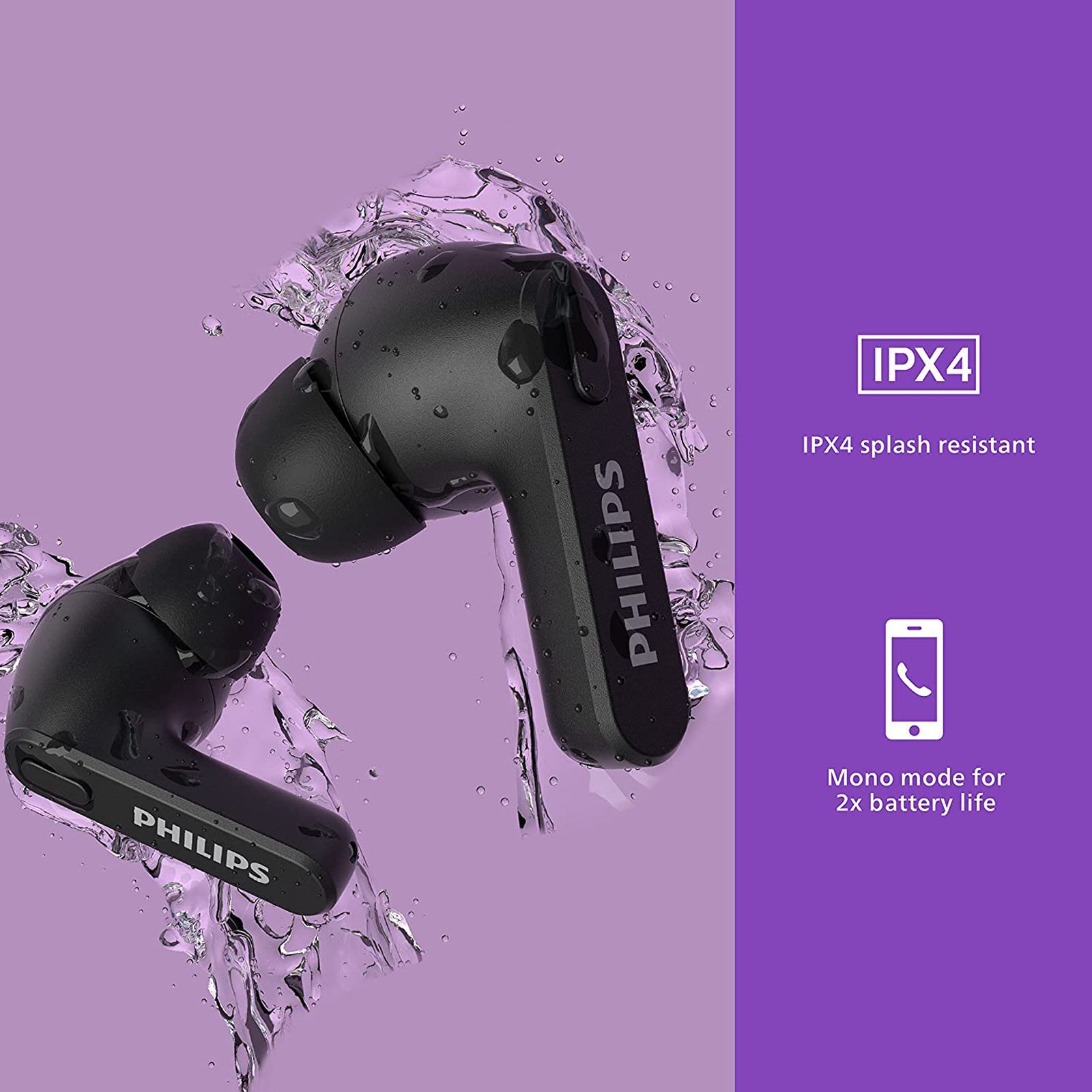 PHILIPS TAT2206BK/00 TWS Earbuds with Noise Isolation (IPX4 Sweat & Water Resistant, 18 Hours Playback, Black)_6