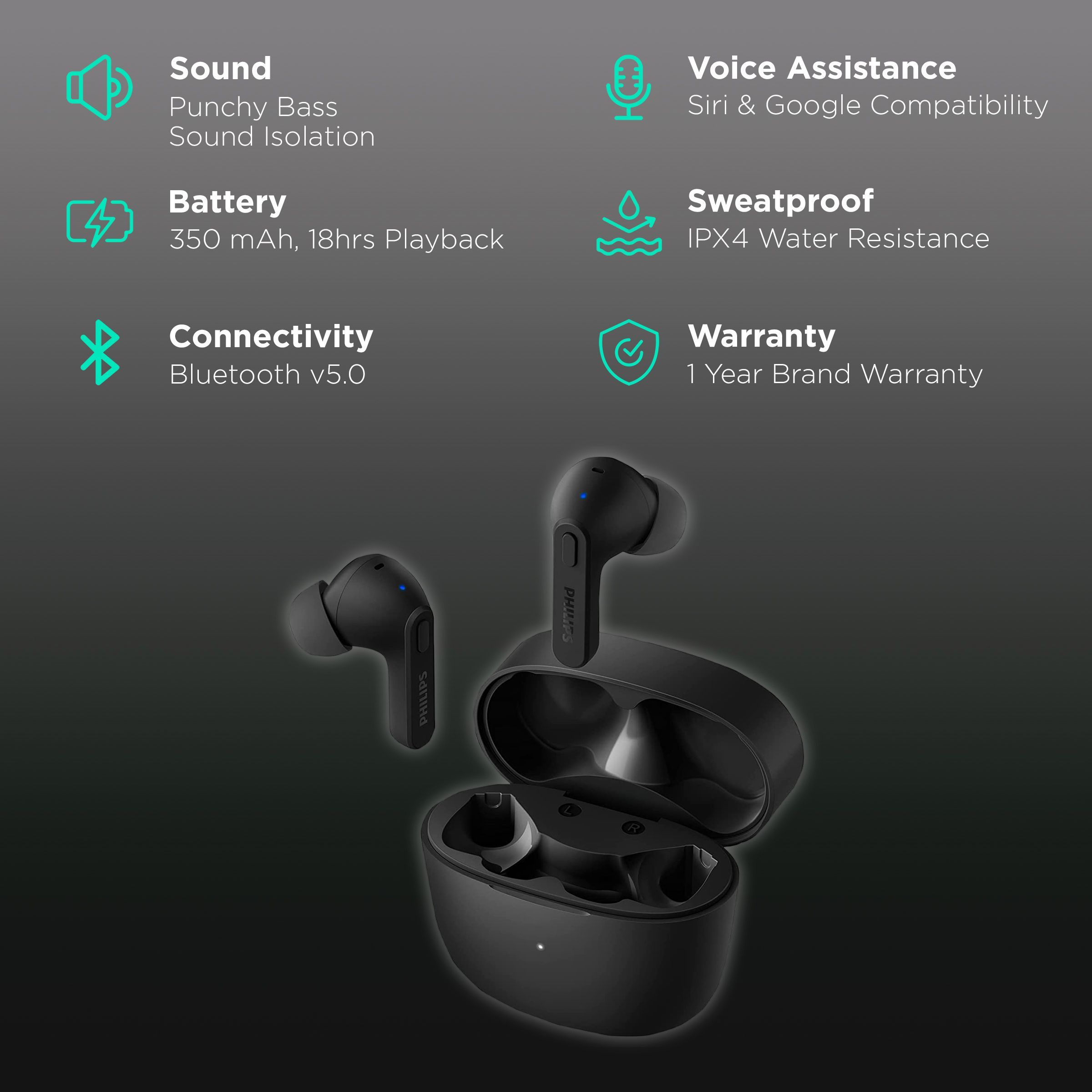 PHILIPS TAT2206BK/00 TWS Earbuds with Noise Isolation (IPX4 Sweat & Water Resistant, 18 Hours Playback, Black)_2