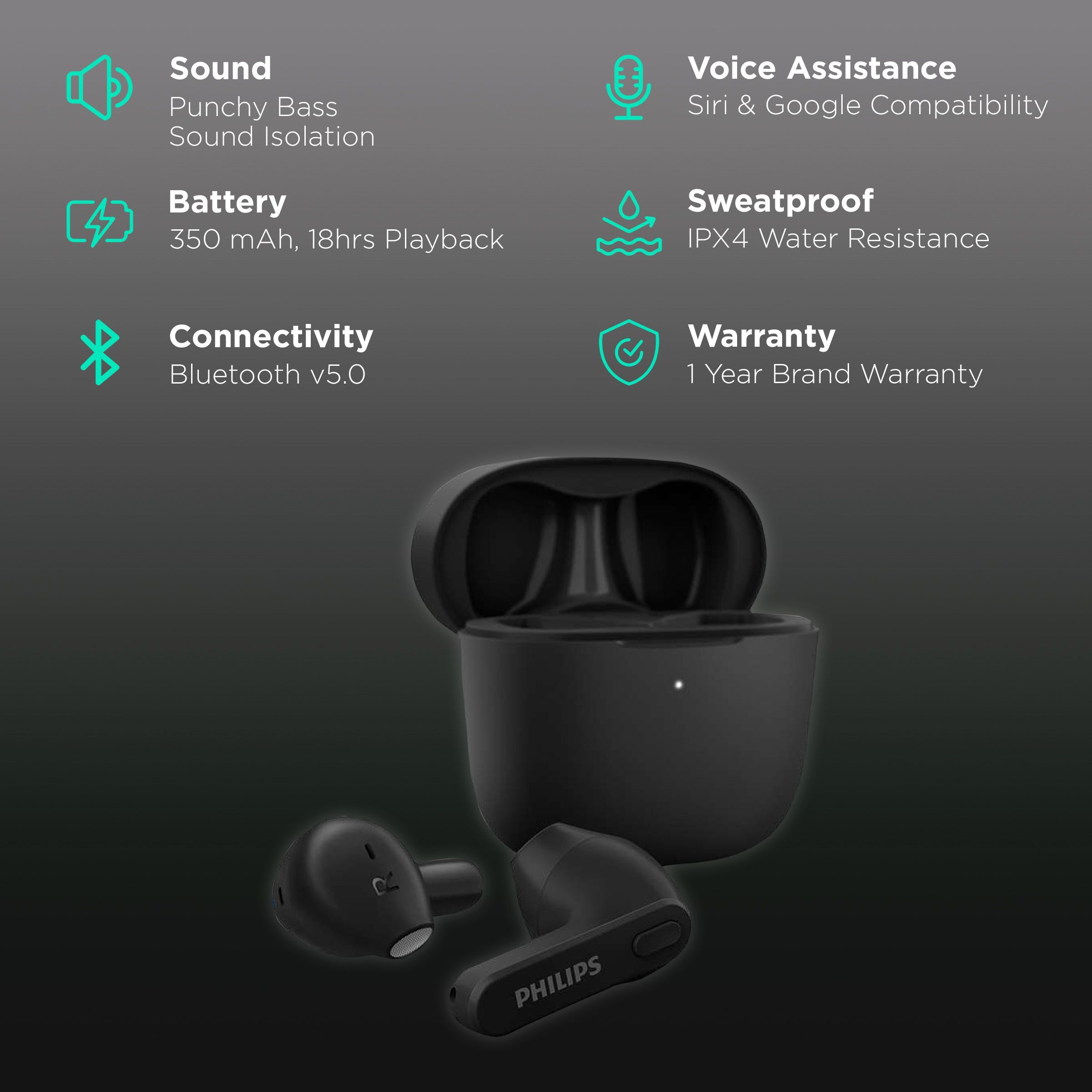 PHILIPS TAT2236BK/00 TWS Earbuds with Noise Isolation (IPX4 Sweat & Water Resistant, 18 Hours Playback, Black)_2