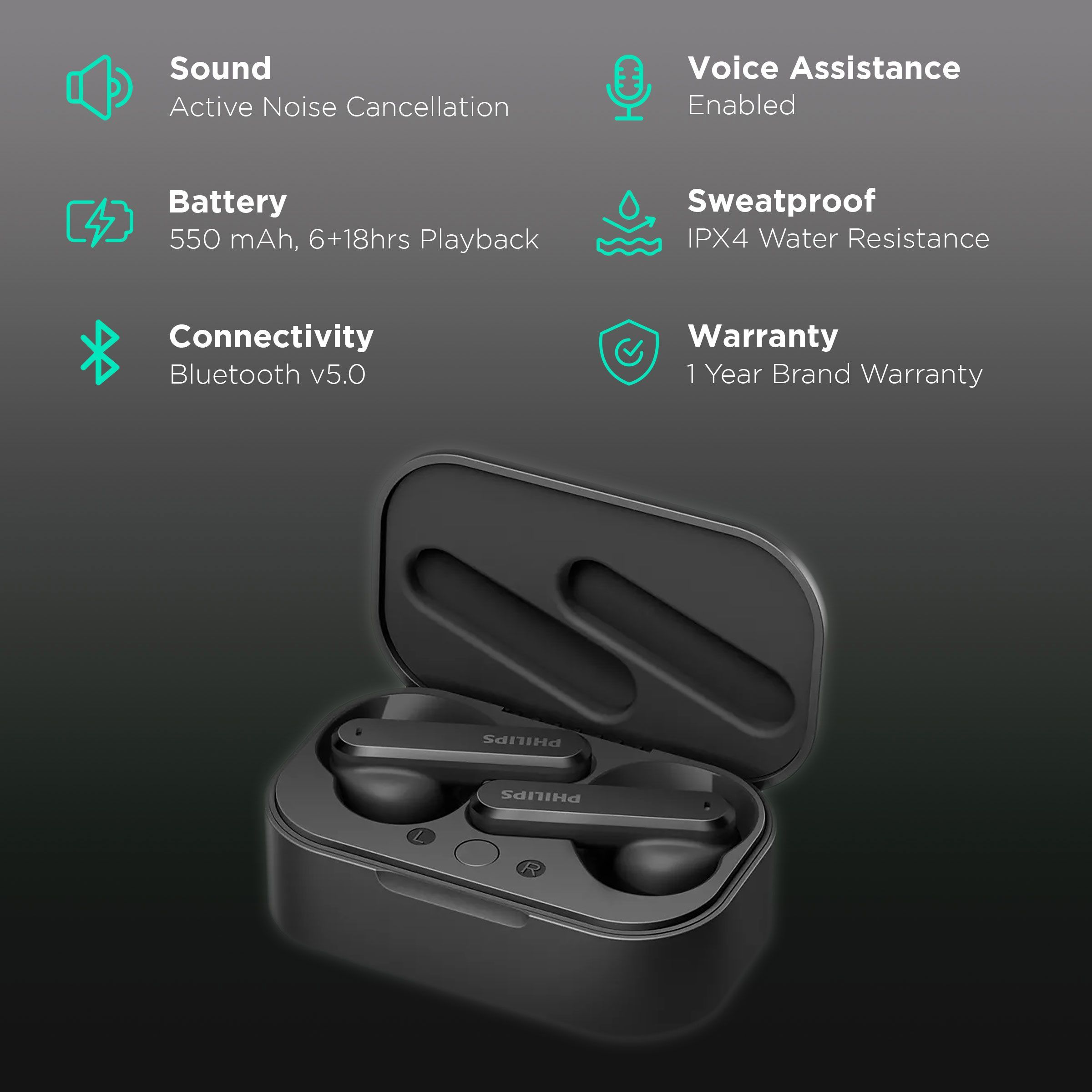 PHILIPS TAT4506BK/00 TWS Earbuds with Active Noise Cancellation (IPX4 Water Resistant, 24 Hours Playback, Black)_2
