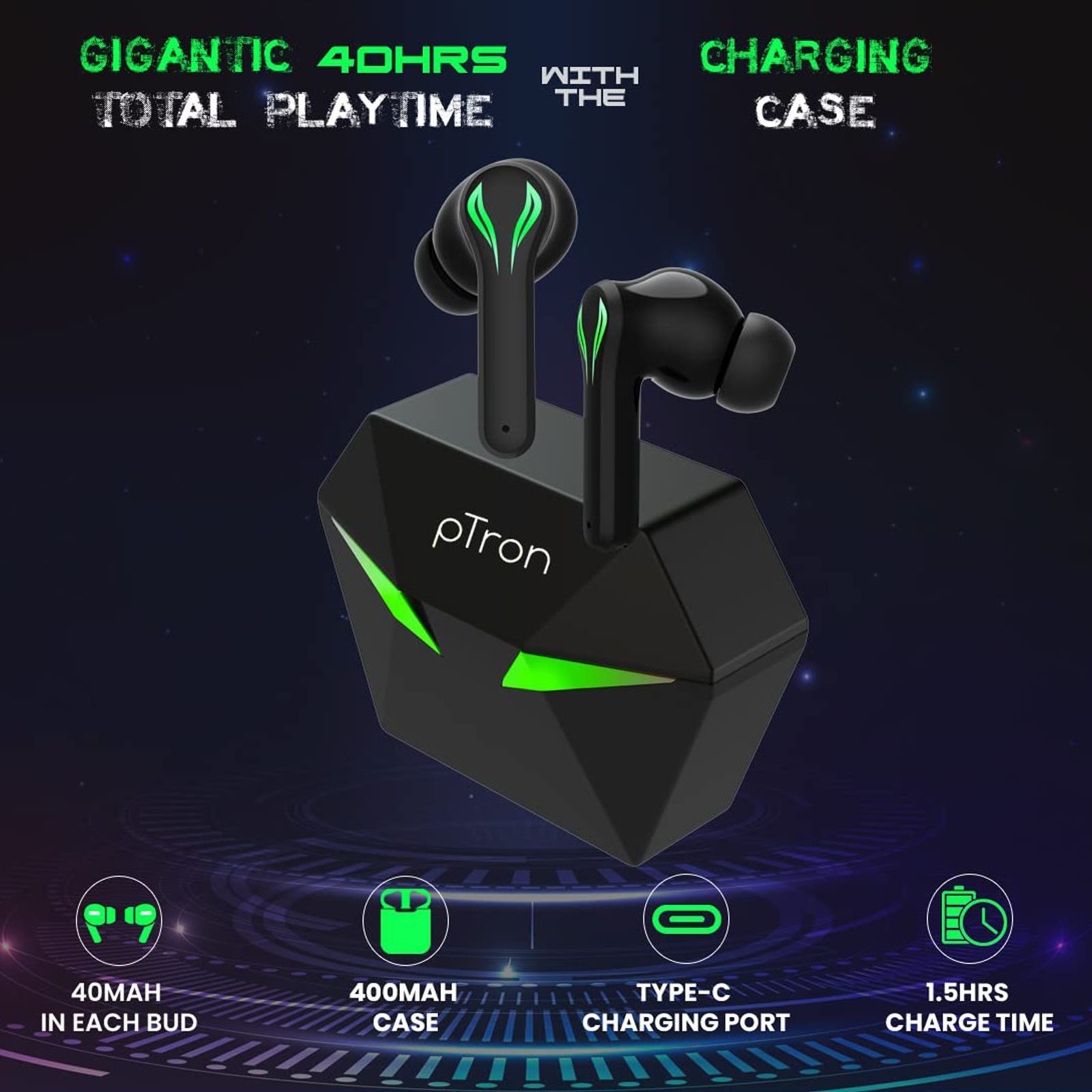 pTron Bassbuds Jade 140318089 TWS Earbuds with Passive Noise Cancellation (IPX4 Sweat & Water Resistant, 120 Hours Playback, Black)_6