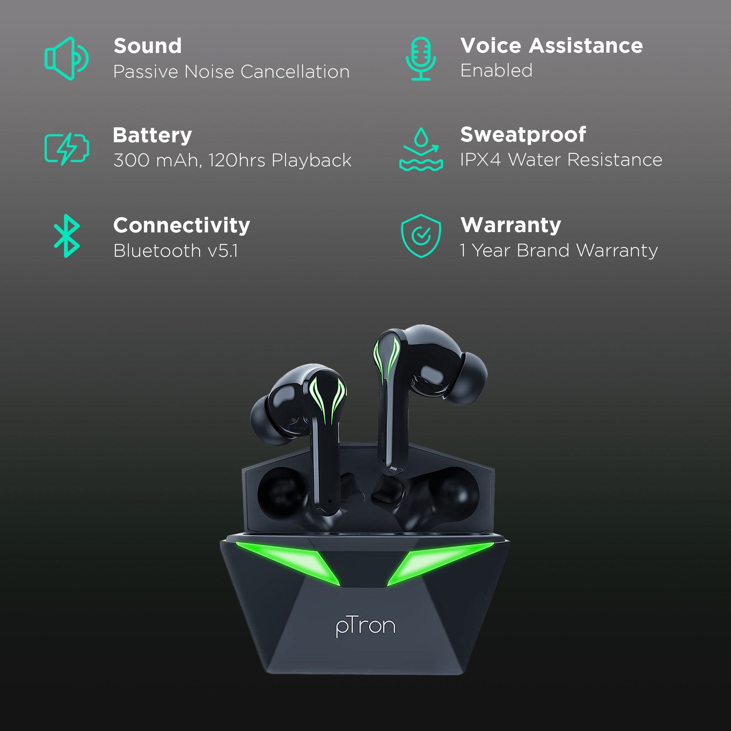 pTron Bassbuds Jade 140318089 TWS Earbuds with Passive Noise Cancellation (IPX4 Sweat & Water Resistant, 120 Hours Playback, Black)_2