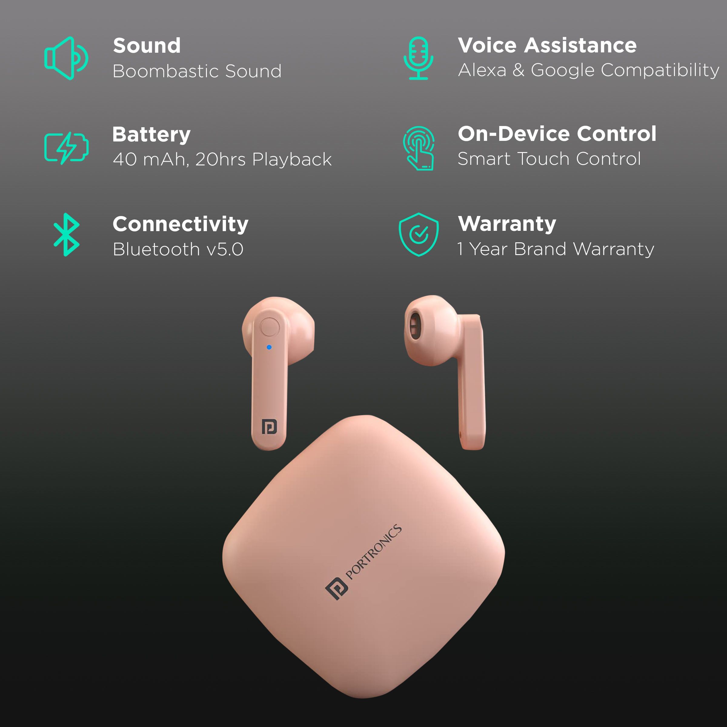 PORTRONICS Harmonics Twins S2 POR 1349 TWS Earbuds (Sweatproof & Water Resistant, 20 Hours Playback, Pink)_2