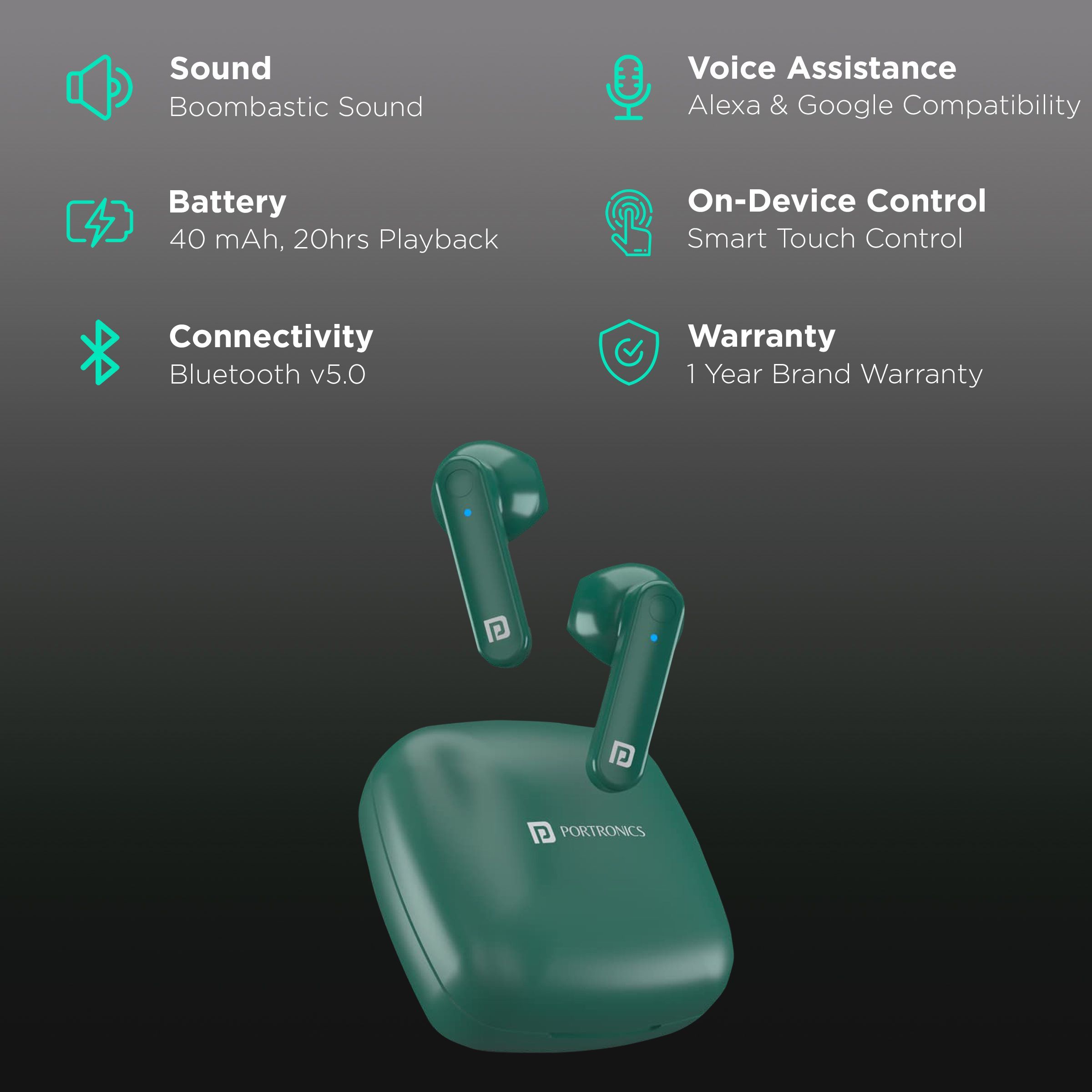 PORTRONICS Harmonics Twins S2 POR 1526 TWS Earbuds (Sweatproof & Water Resistant, 20 Hours Playback, Green)_2