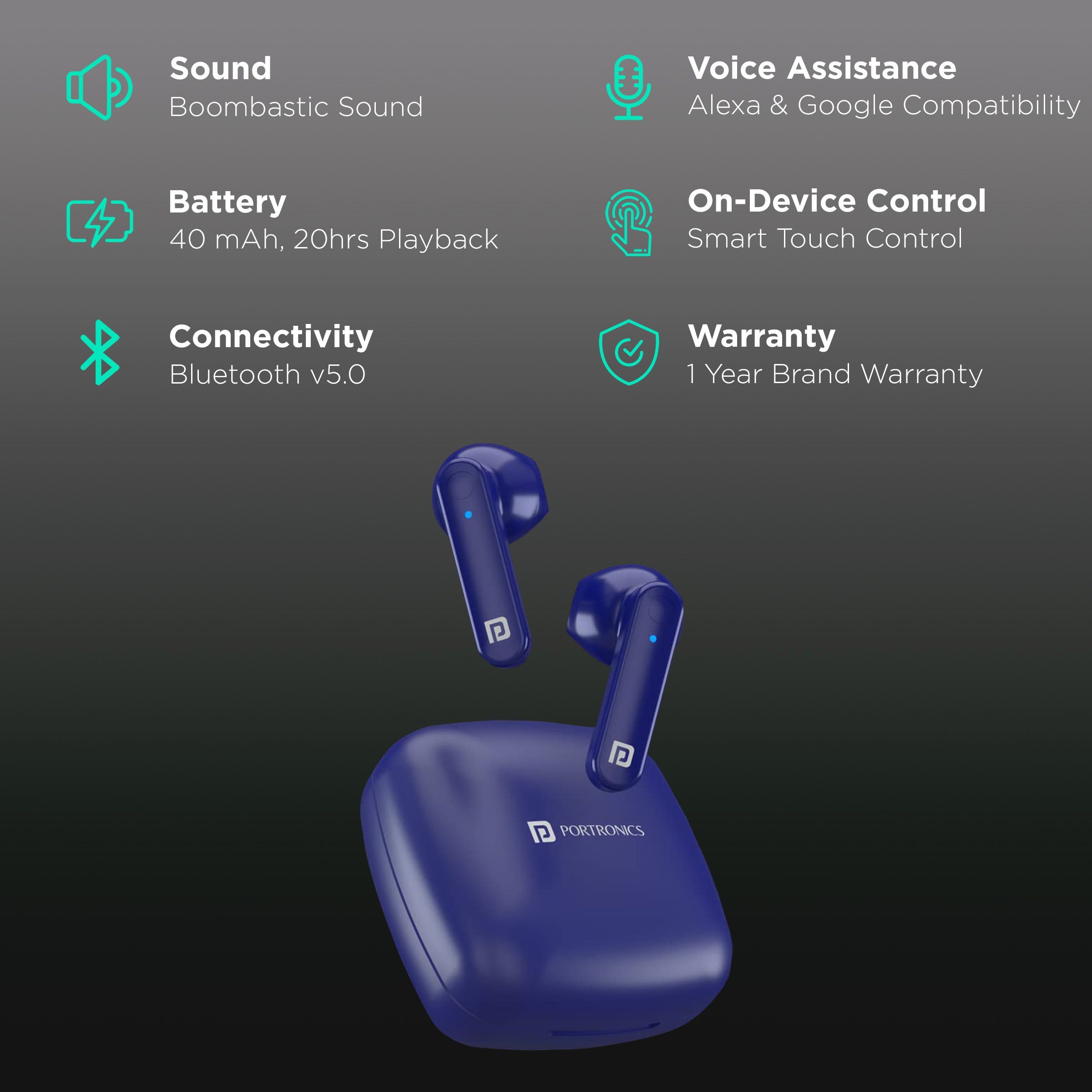PORTRONICS Harmonics Twins S2 POR 1527 TWS Earbuds (Sweatproof & Water Resistant, 20 Hours Playback, Blue)_2