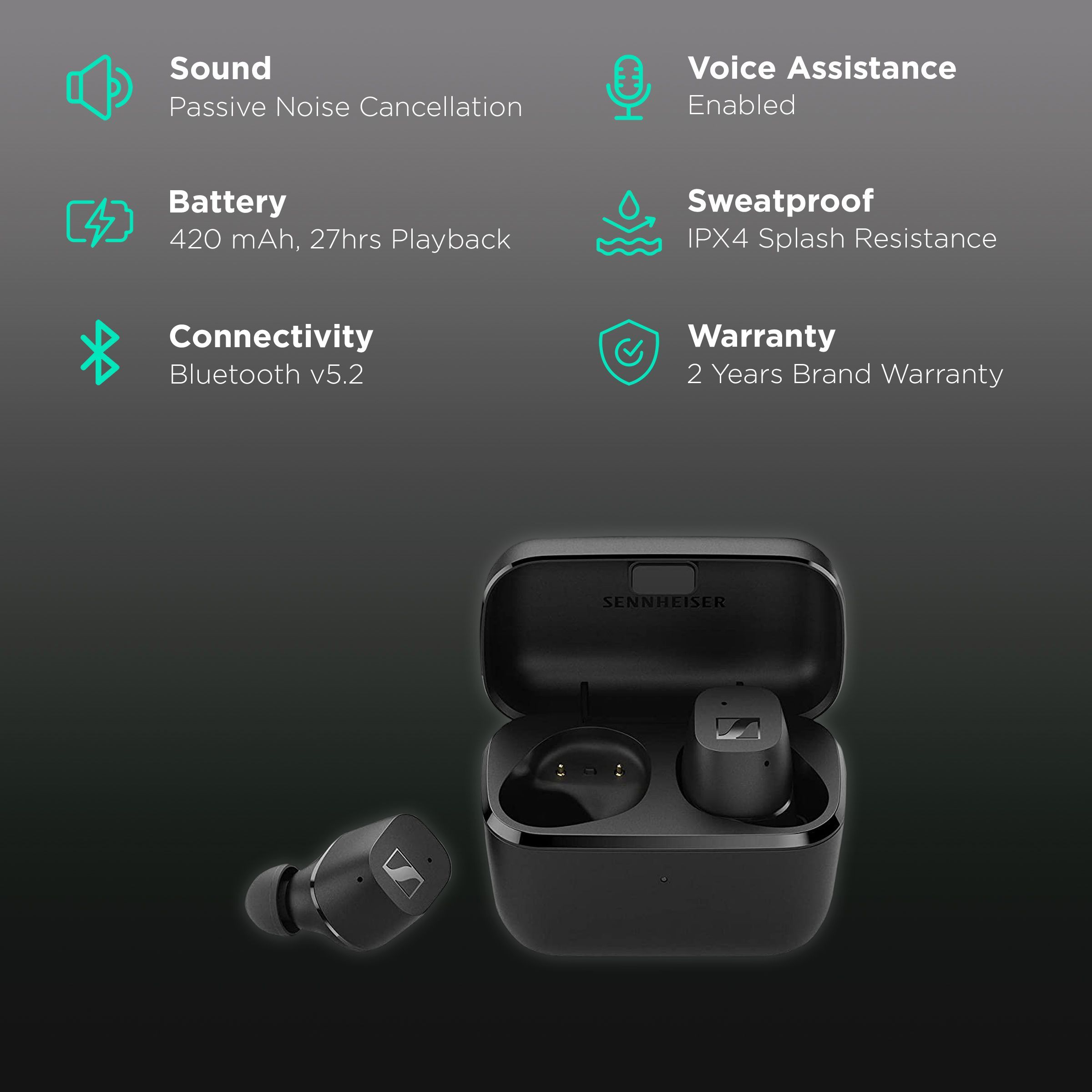 SENNHEISER CX 200 TW1 TWS Earbuds with Passive Noise Cancellation (IPX4 Splash Resistant, 27 Hours Playback, Black)_2
