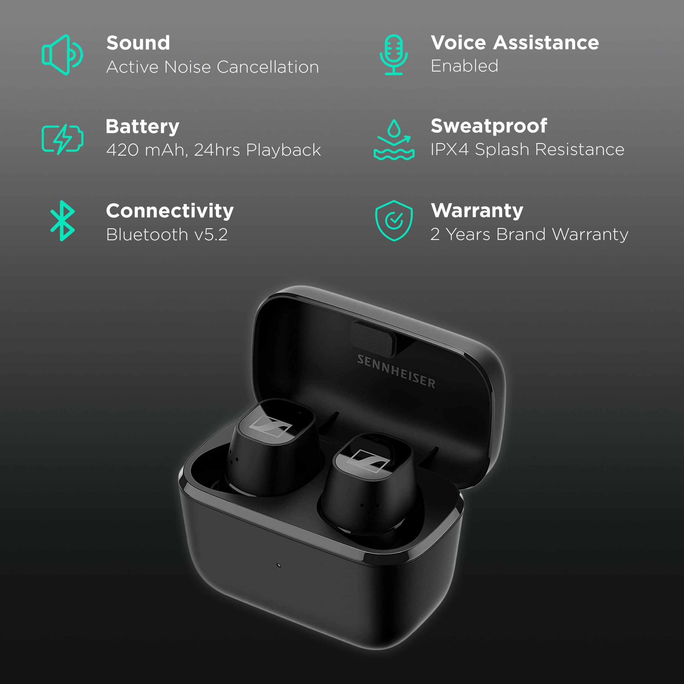 SENNHEISER CX PLUS TW1 TWS Earbuds with Active Noise Cancellation (IPX4 Splash Resistant, 24 Hours Playback, Black)_2