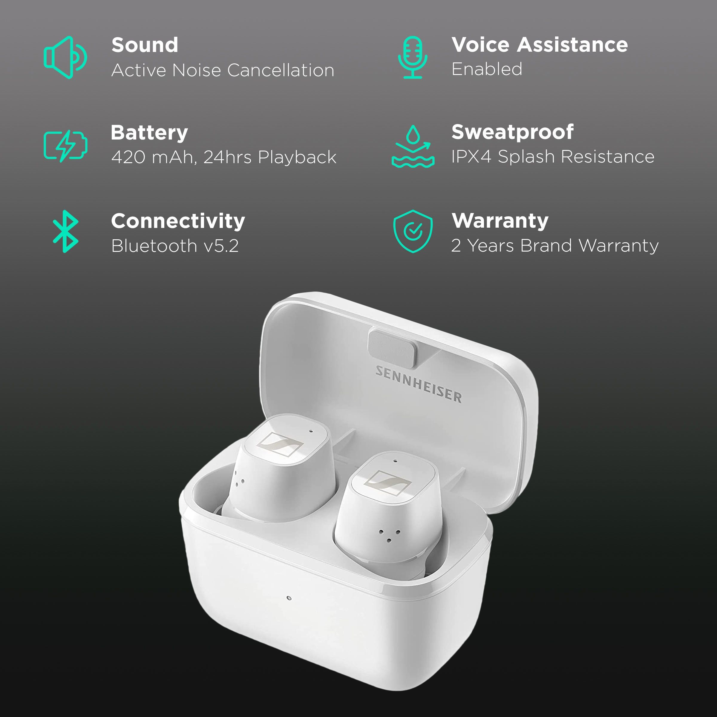 SENNHEISER CX PLUS TW1 TWS Earbuds with Active Noise Cancellation (IPX4 Splash Resistant, 24 Hours Playback, White)_2
