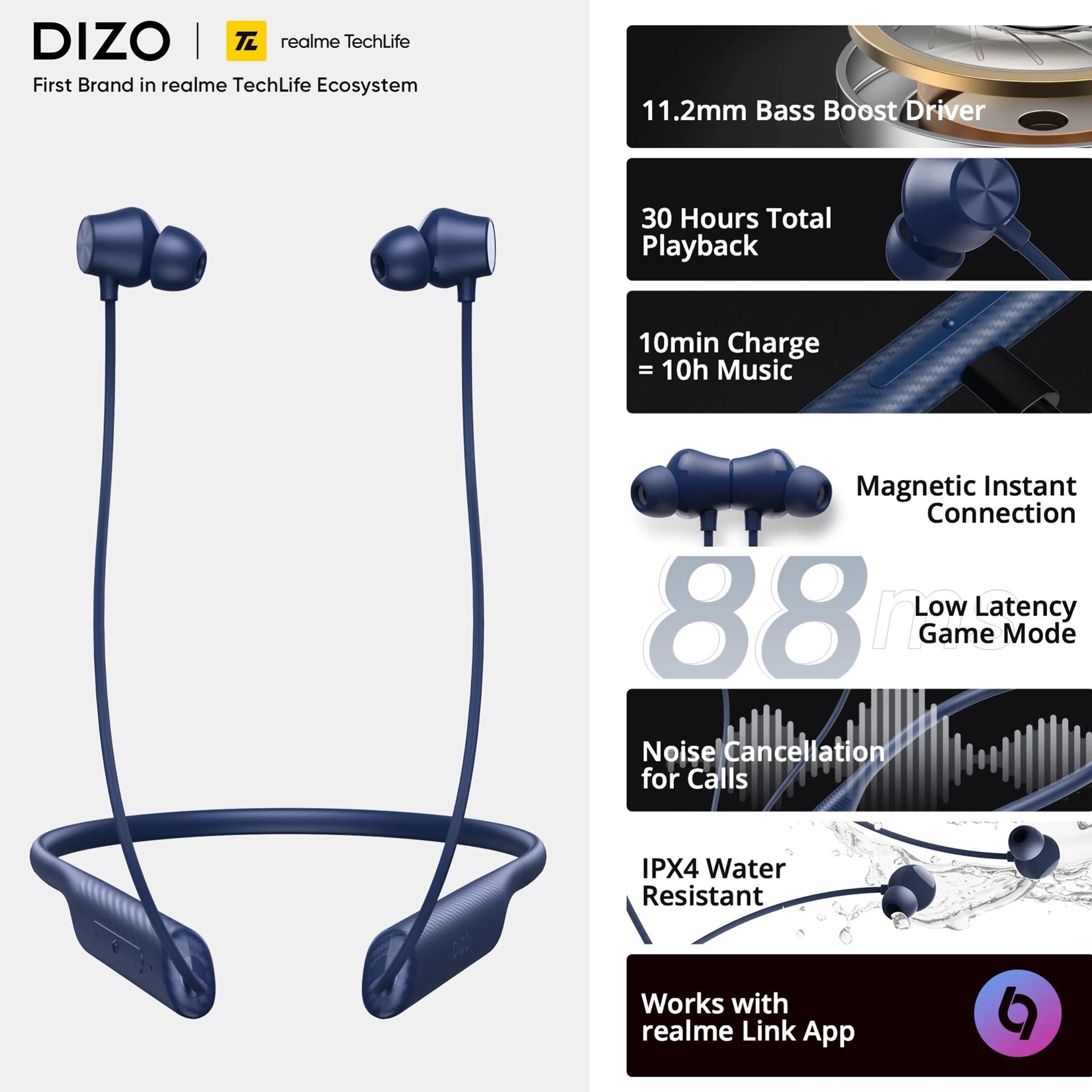 DIZO by realme TechLife Dash 790101002 Neckband with Noise Cancellation (IPX4 Water Resistant, Smart Control, Voilet Blue)_8
