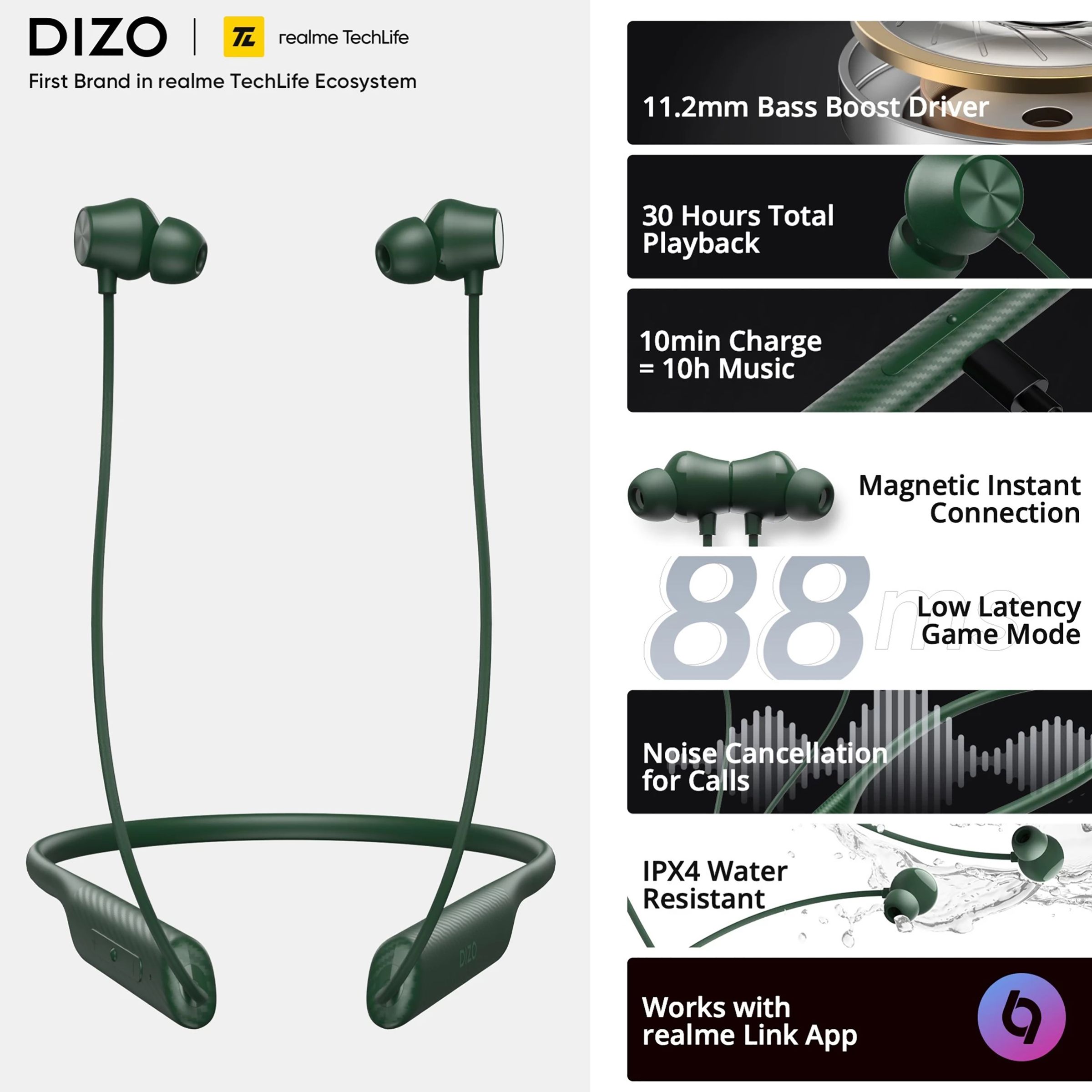 DIZO by realme TechLife Wireless Dash 790101003 Neckband with Noise Cancellation (IPX4 Water Resistant, 18 Hours Playtime, Dynamic Green)_8