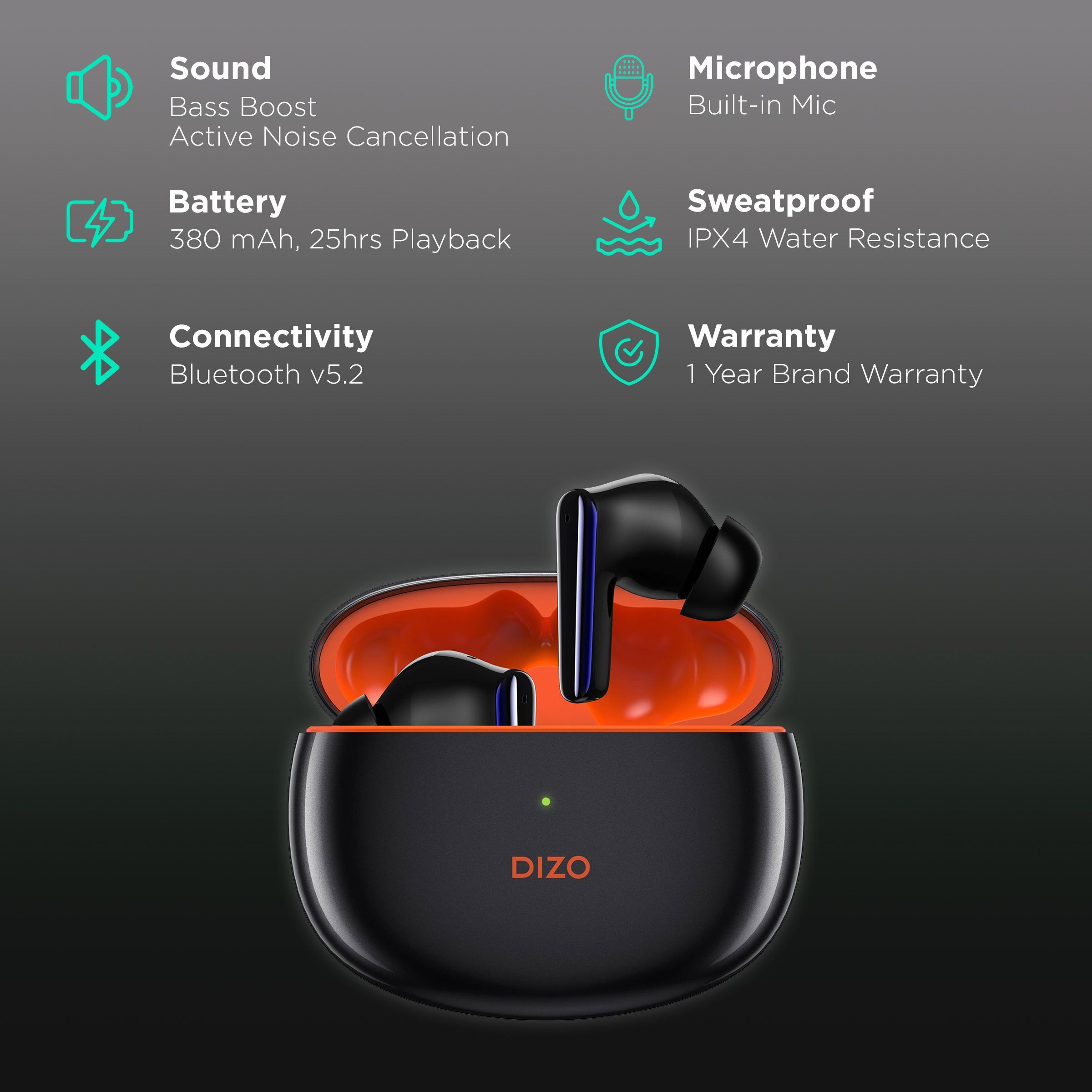 DIZO by realme TechLife Buds Z Pro 790100702 TWS Earbuds with Active Noise Cancellation (IPX4 Sweat & Water Resistant, 25 Hours Playback, Black/Orange)_2