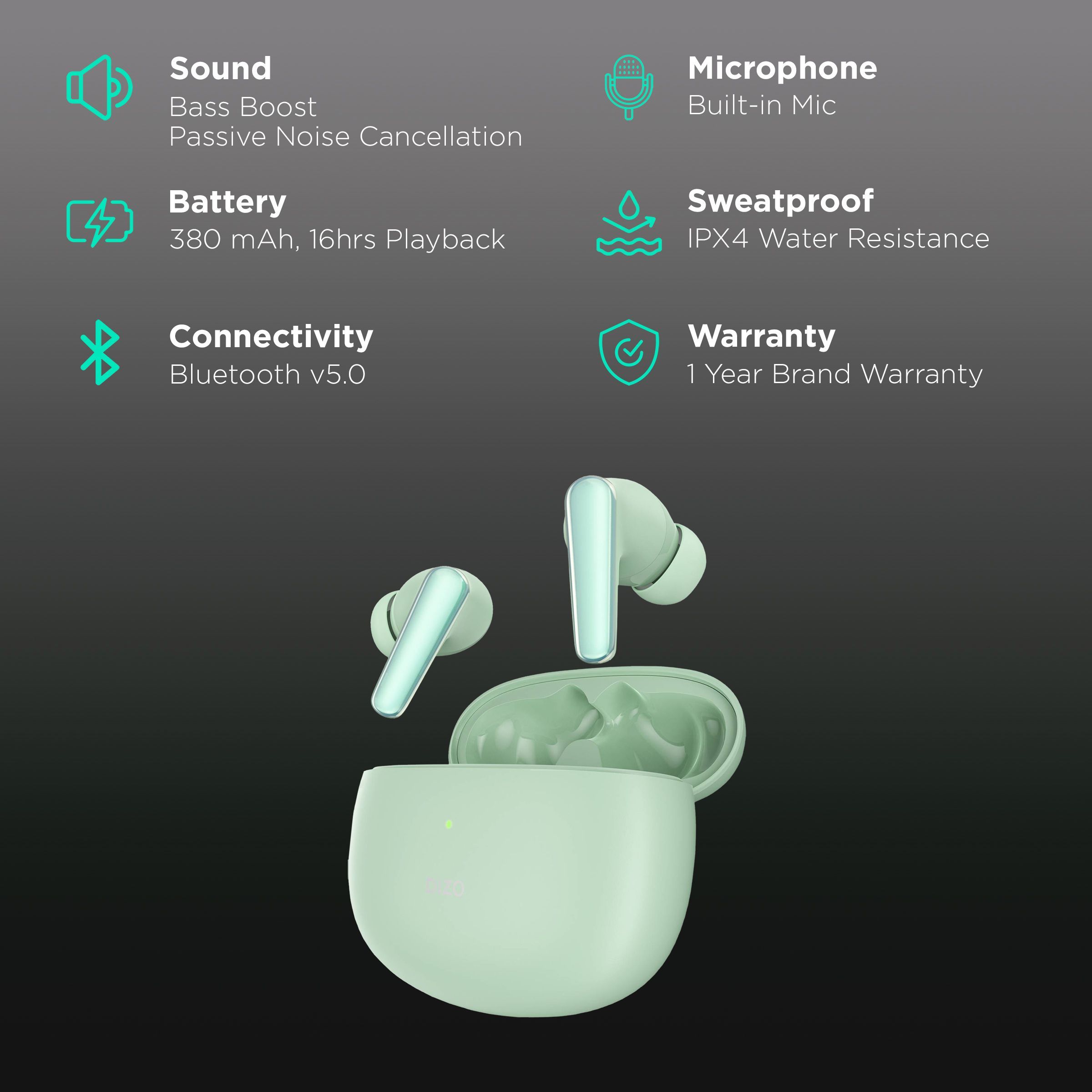 DIZO by realme TechLife Buds Z 790100603 TWS Earbuds with Passive Noise Cancellation (IPX4 Sweat & Water Resistant, 16 Hours Playback, Leaf)_2