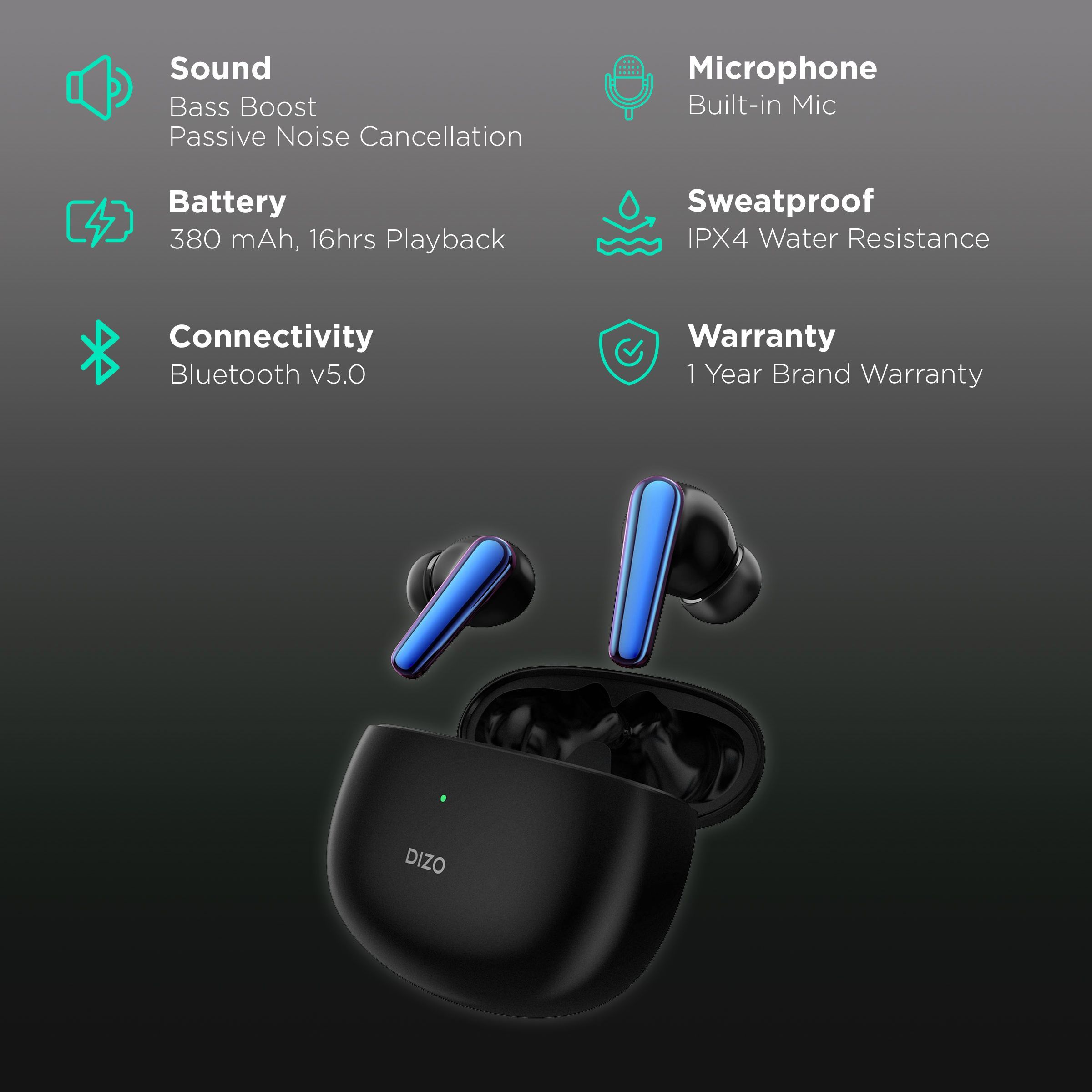 DIZO by realme TechLife Buds Z 790100601 TWS Earbuds with Passive Noise Cancellation (IPX4 Sweat & Water Resistant, 16 Hours Playback, Onyx)_2