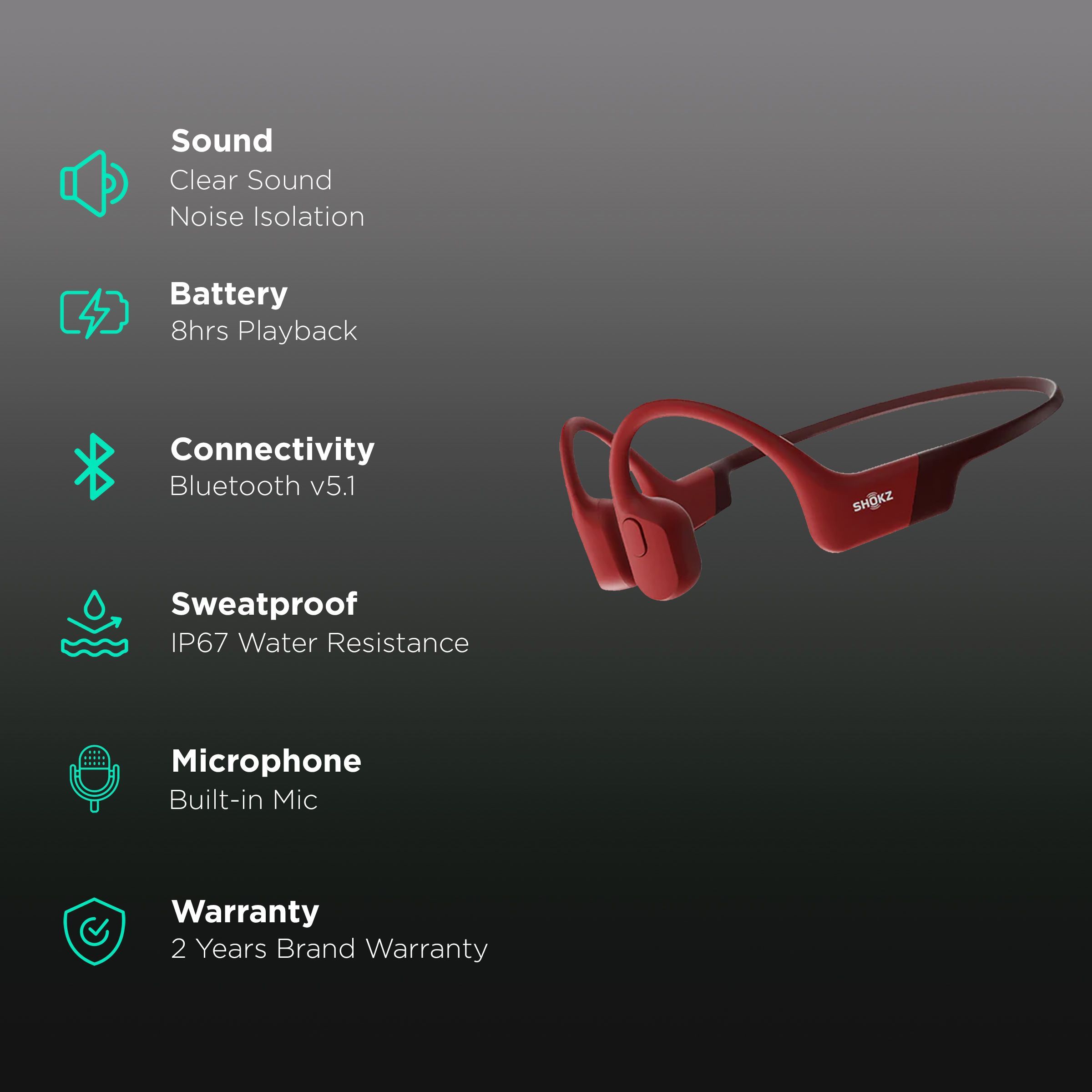 SHOKZ OpenRun Bone Conduction Bluetooth Headphone with Noise Isolation (IP67 Waterproof, 8 Hours Playtime, Red)_2