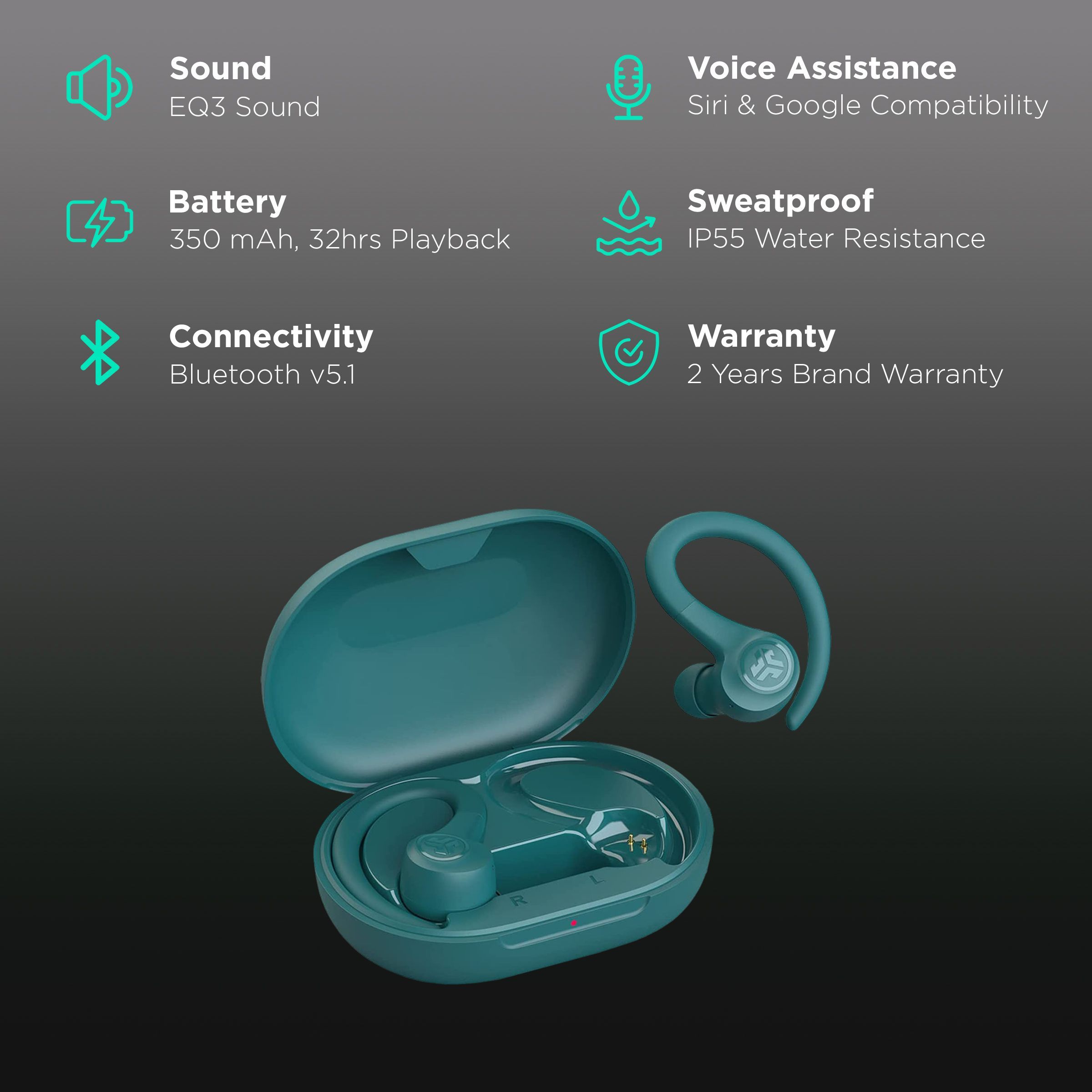 JLAB Go Air Sport IEUEBGAIRSPRTRTEL1 TWS Earbuds (IP55 Water & Sweat Resistant, 32 Hours Playback, Teal)_2