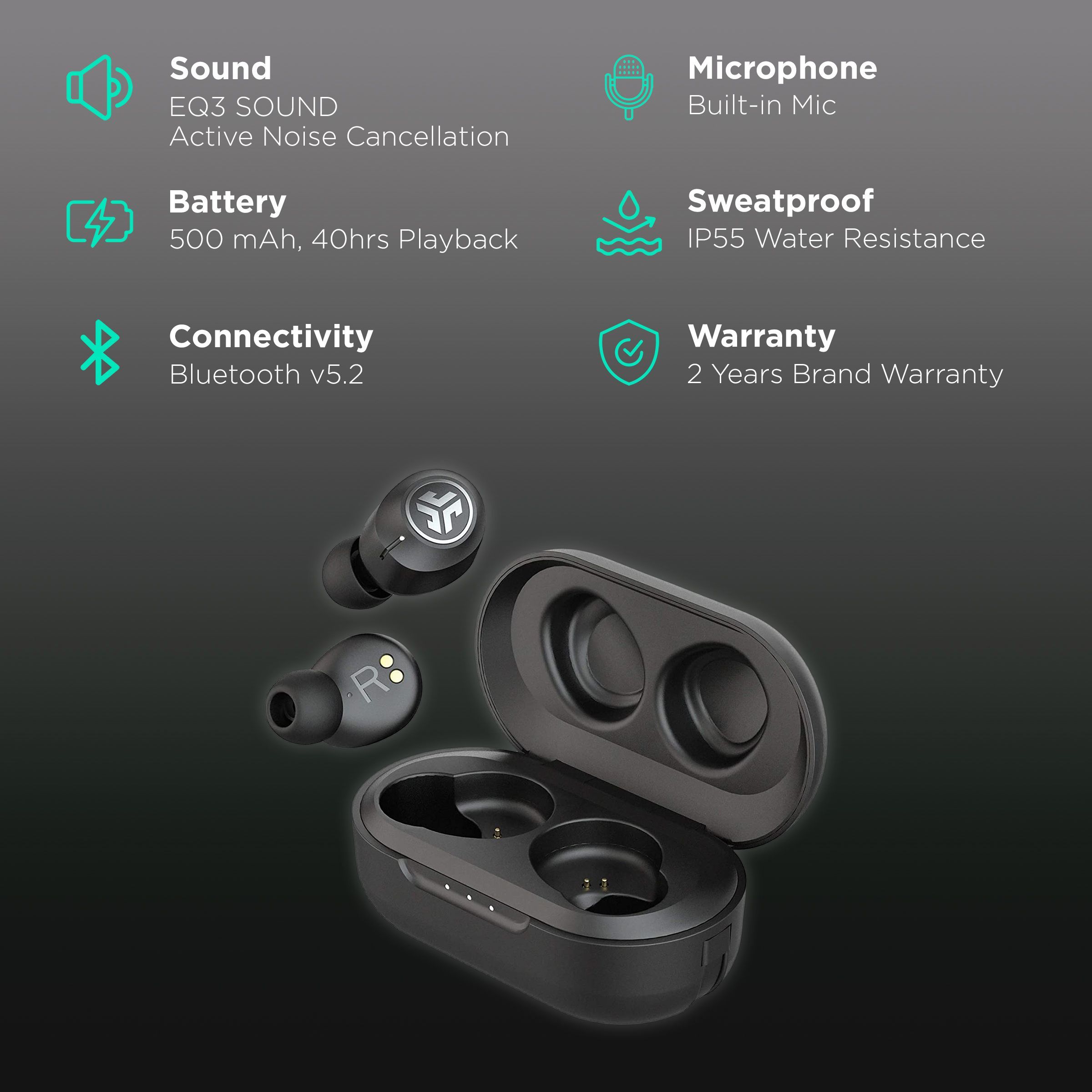 JLAB JBuds Air IEUEBJBAIRANCRBLK8 TWS Earbuds with Active Noise Cancellation (IP55 Water & Sweat Resistant, 40 Hours Playback, Black)_2