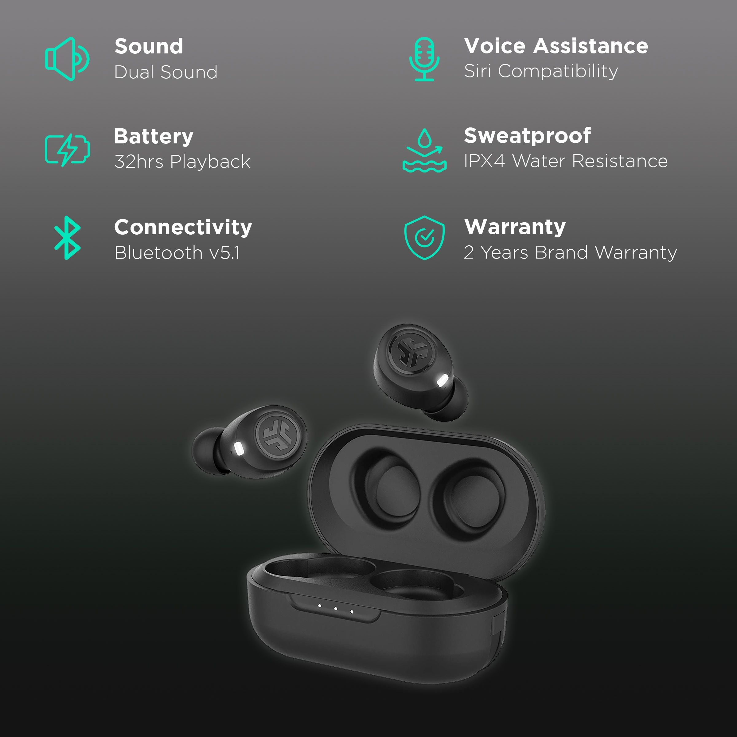 JLAB JBuds Air True IEUEBJBUDSAIRRBLK8 TWS Earbuds (IPX4 Sweat & Water Resistant, 32 Hours Playback, Black)_2
