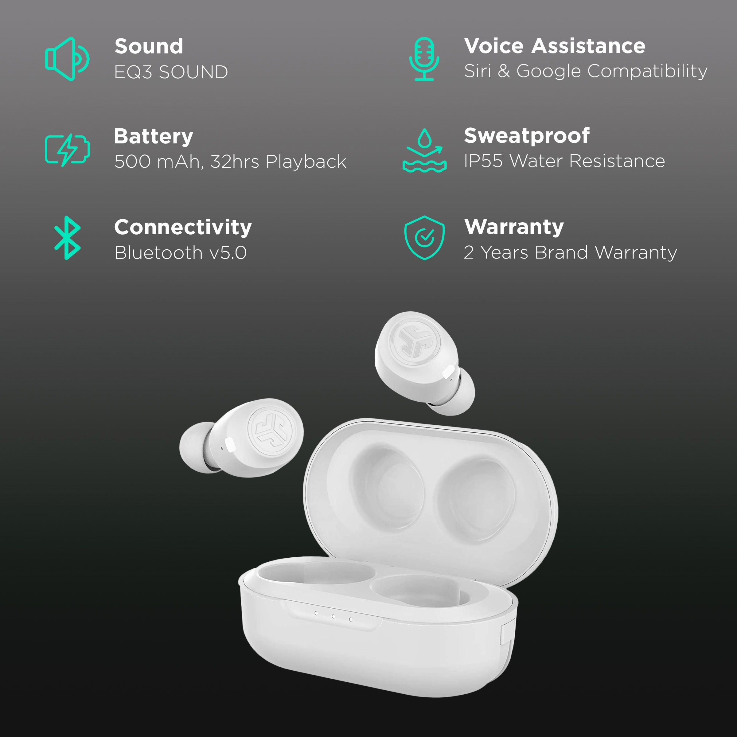 JLAB JBuds Air True IEUEBJBUDSAIRRWHT8 TWS Earbuds (IP55 Water & Sweat Resistant, 32 Hours Playback, White)_2