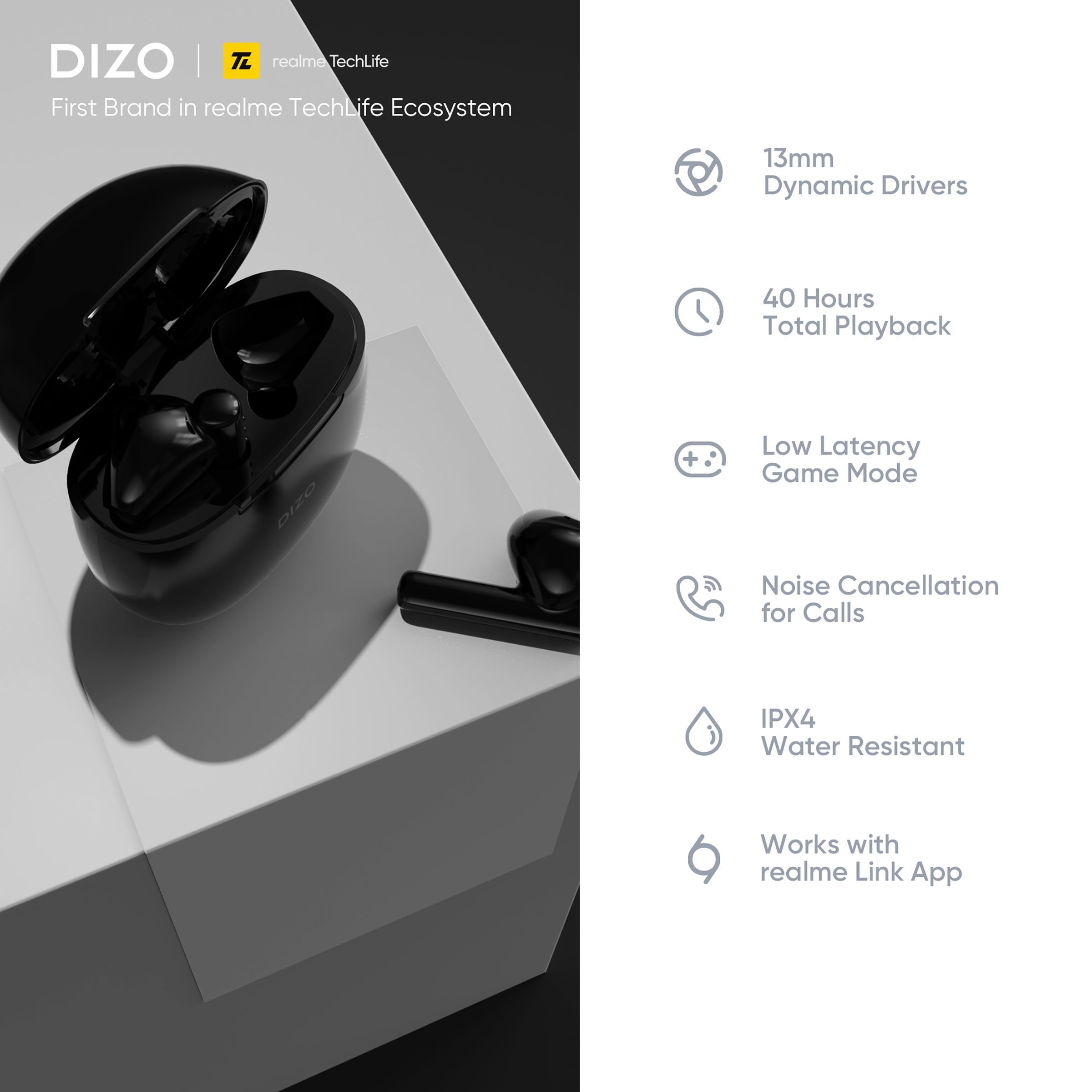 DIZO by realme TechLife Buds P 790200501 TWS Earbuds with Environmental Noise Cancellation (IPX4 Sweat & Water Resistant, 40 Hours Playback, Dynamo Black)_9