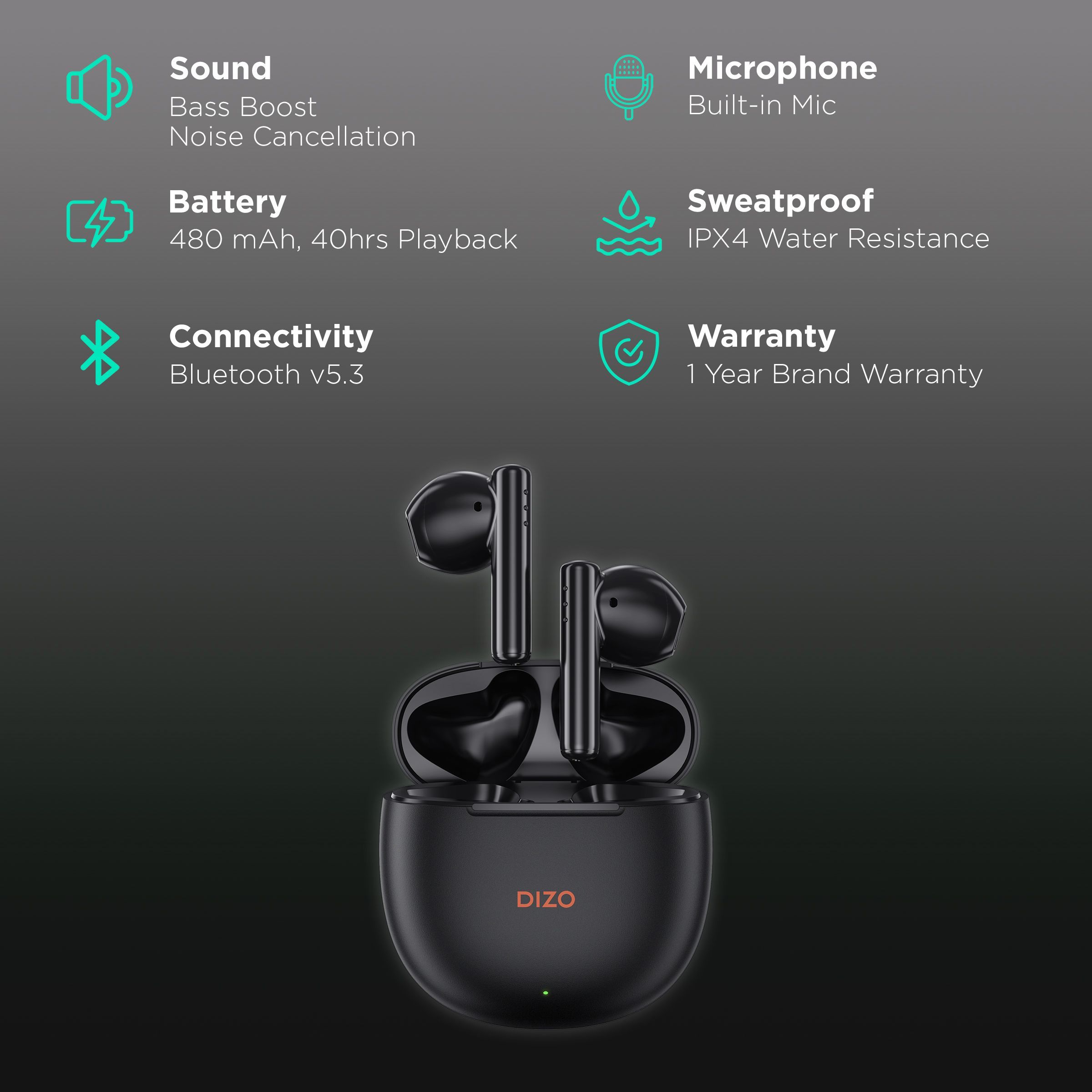 DIZO by realme TechLife Buds P 790200501 TWS Earbuds with Environmental Noise Cancellation (IPX4 Sweat & Water Resistant, 40 Hours Playback, Dynamo Black)_2