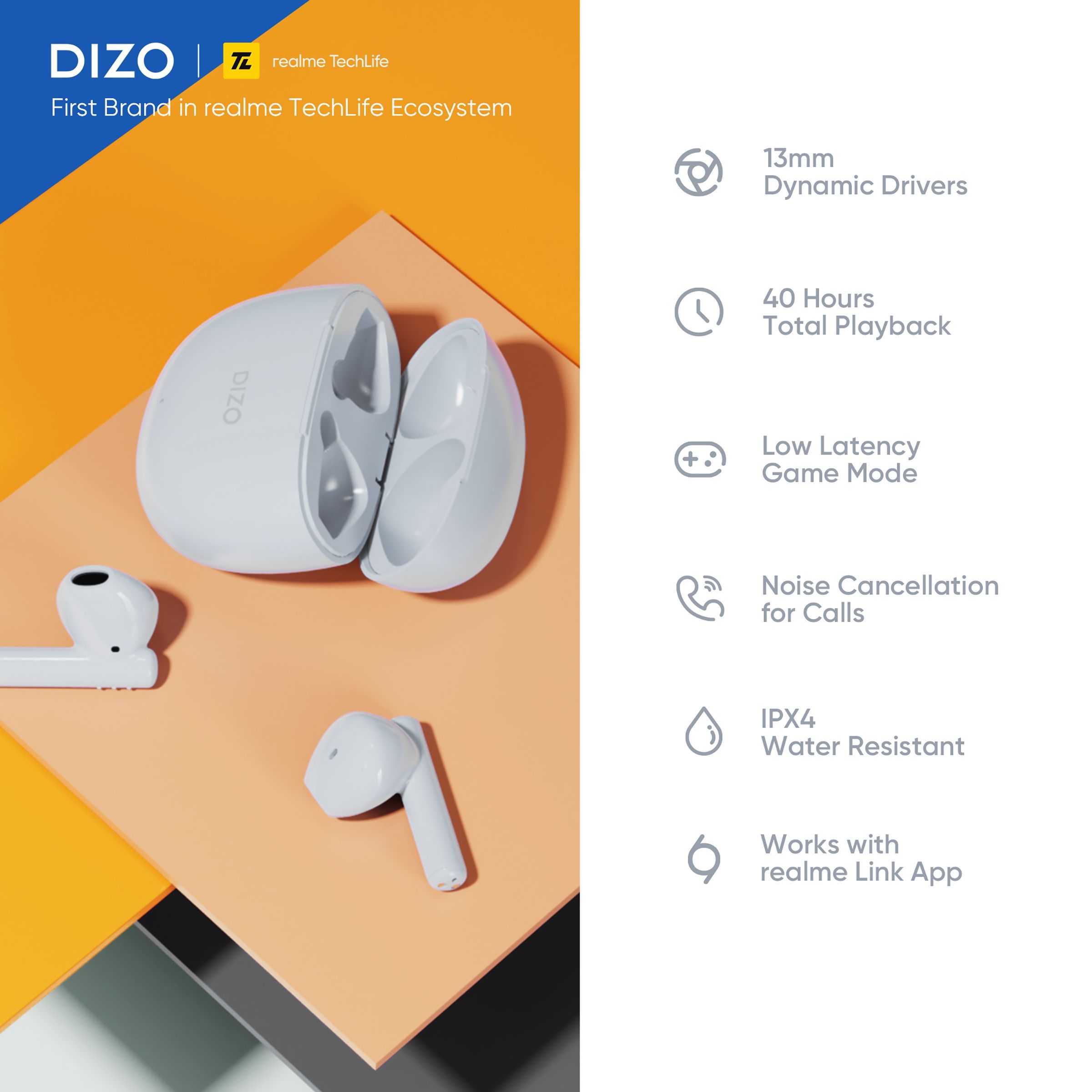 DIZO by realme TechLife Buds P 790200505 TWS Earbuds with Environmental Noise Cancellation (IPX4 Water Resistant, 40 Hours Playback, Marble White)_9