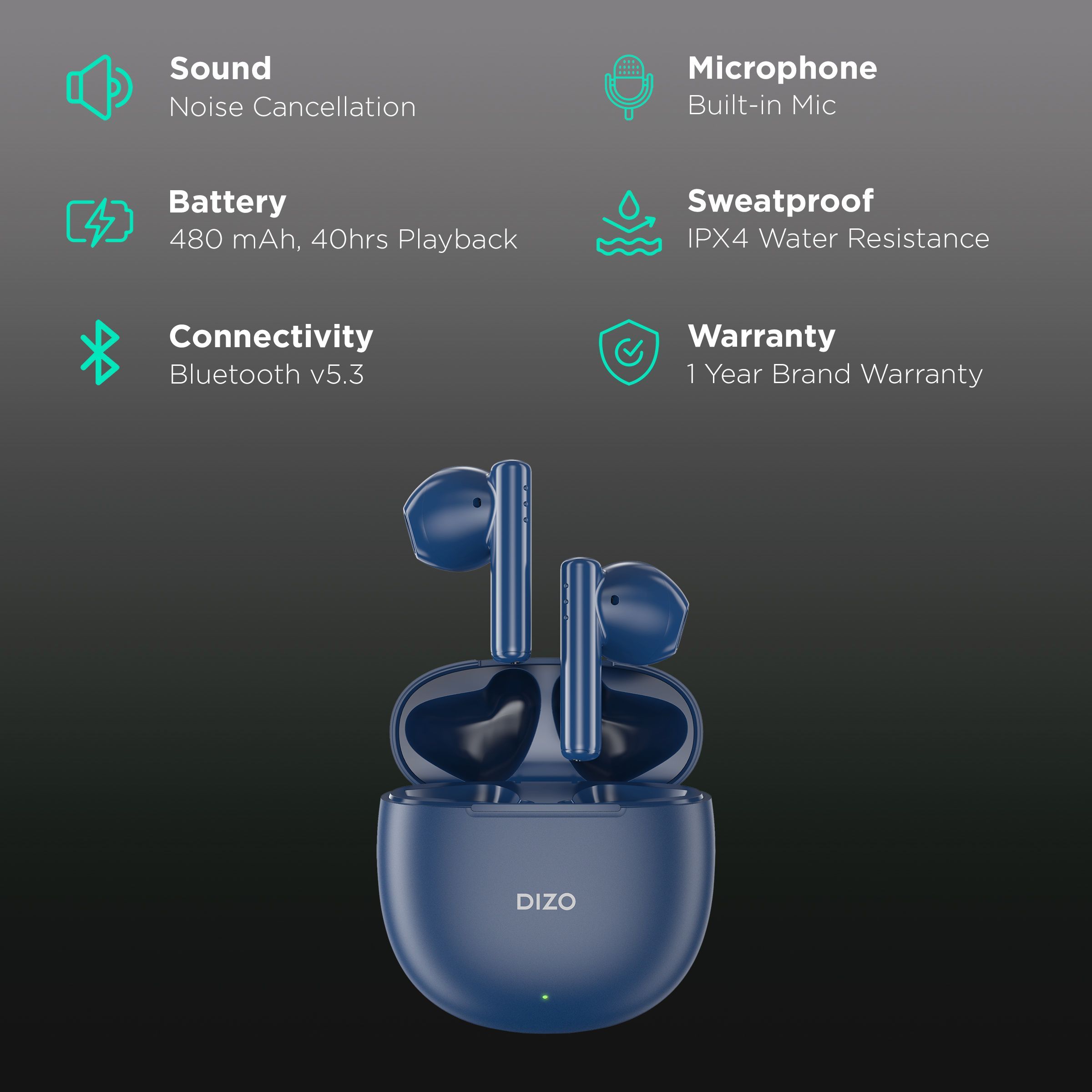 DIZO by realme TechLife Buds P 790200502 TWS Earbuds with Noise Cancellation (IPX4 Water Resistant, 40 Hours Playtime, Shady Blue)_2