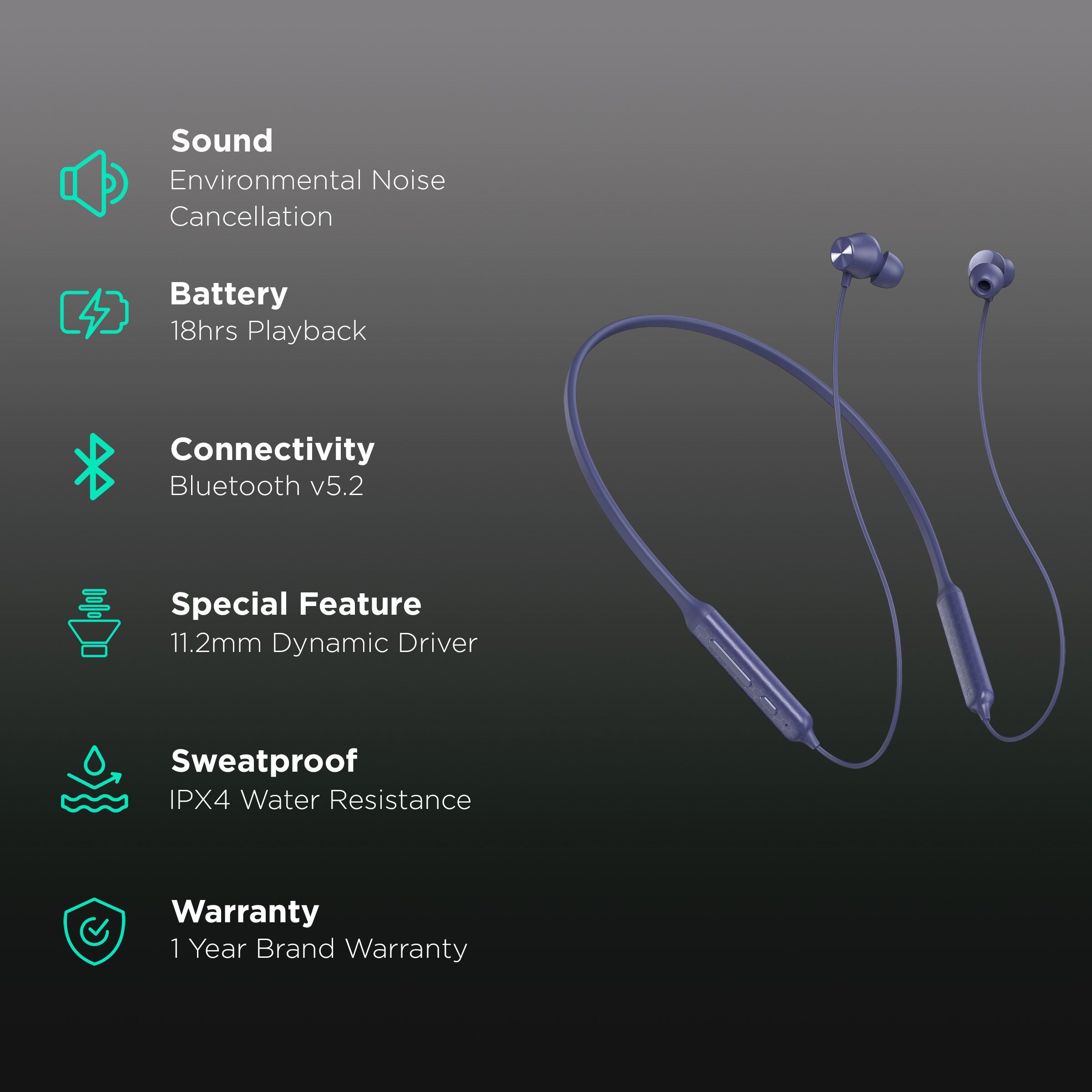 DIZO by realme TechLife Power 790200403 Neckband with Environmental Noise Cancellation (IPX4 Water Resistant, Smart Control, Voilet Blue)_2