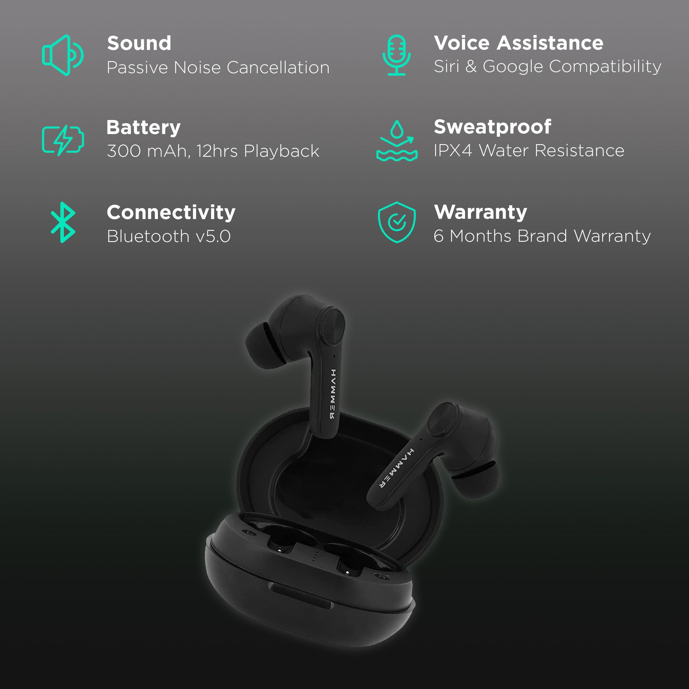 HAMMER Airflow 2.0 TWS Earbuds with Passive Noise Cancellation (IPX4 Water Resistant, 12 Hours Playtime, Midnight Black)_2