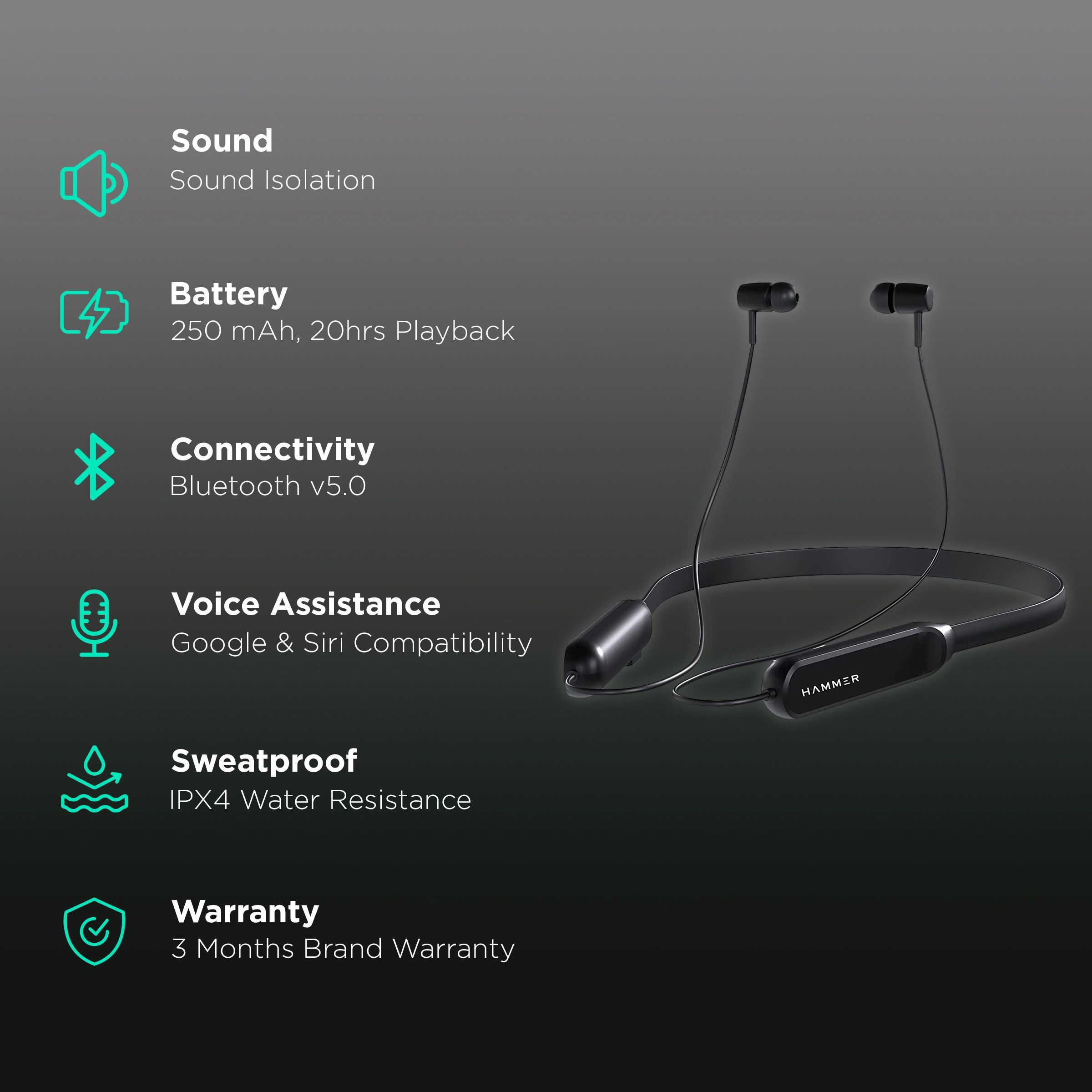 HAMMER Sting Lite Neckband with Noise Isolation (IPX4 Water Resistant, Google & Siri Compatibility, Black) HAMMER Sting Lite Neckband with Noise Isolation (IPX4 Water Resistant, Google & Siri Compatibility, Black)_2