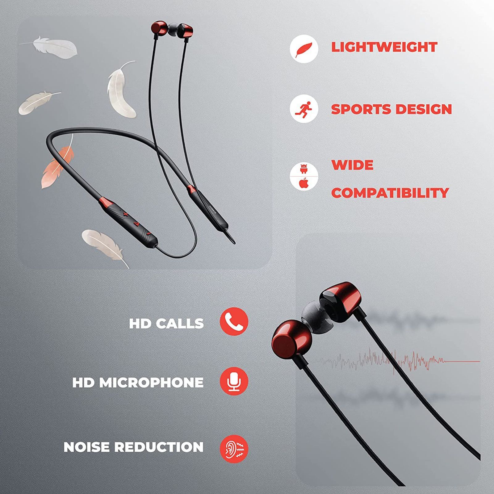 HAMMER S Neckband (IPX4 Water Resistant, 30 Hours Playback, Red)_6