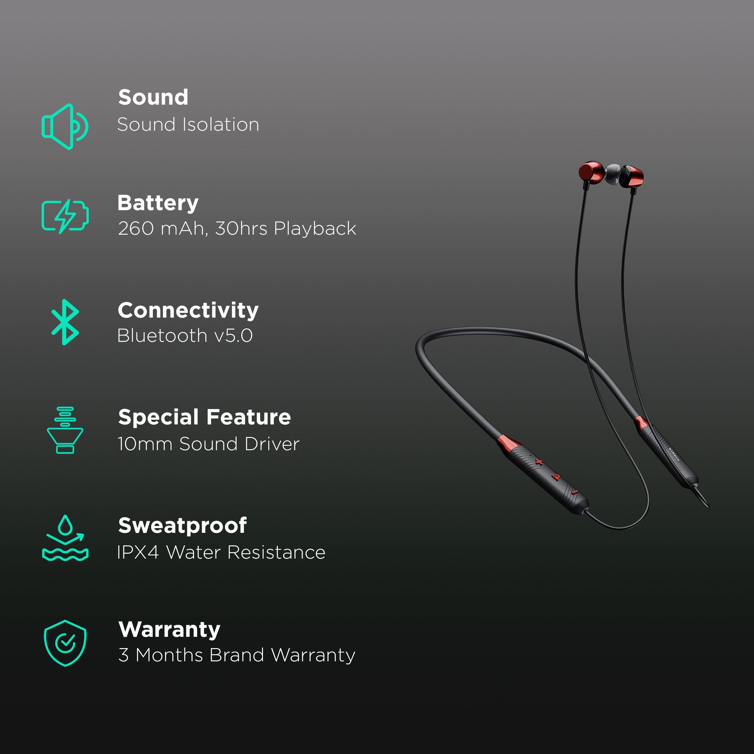 HAMMER S Neckband (IPX4 Water Resistant, 30 Hours Playback, Red)_2