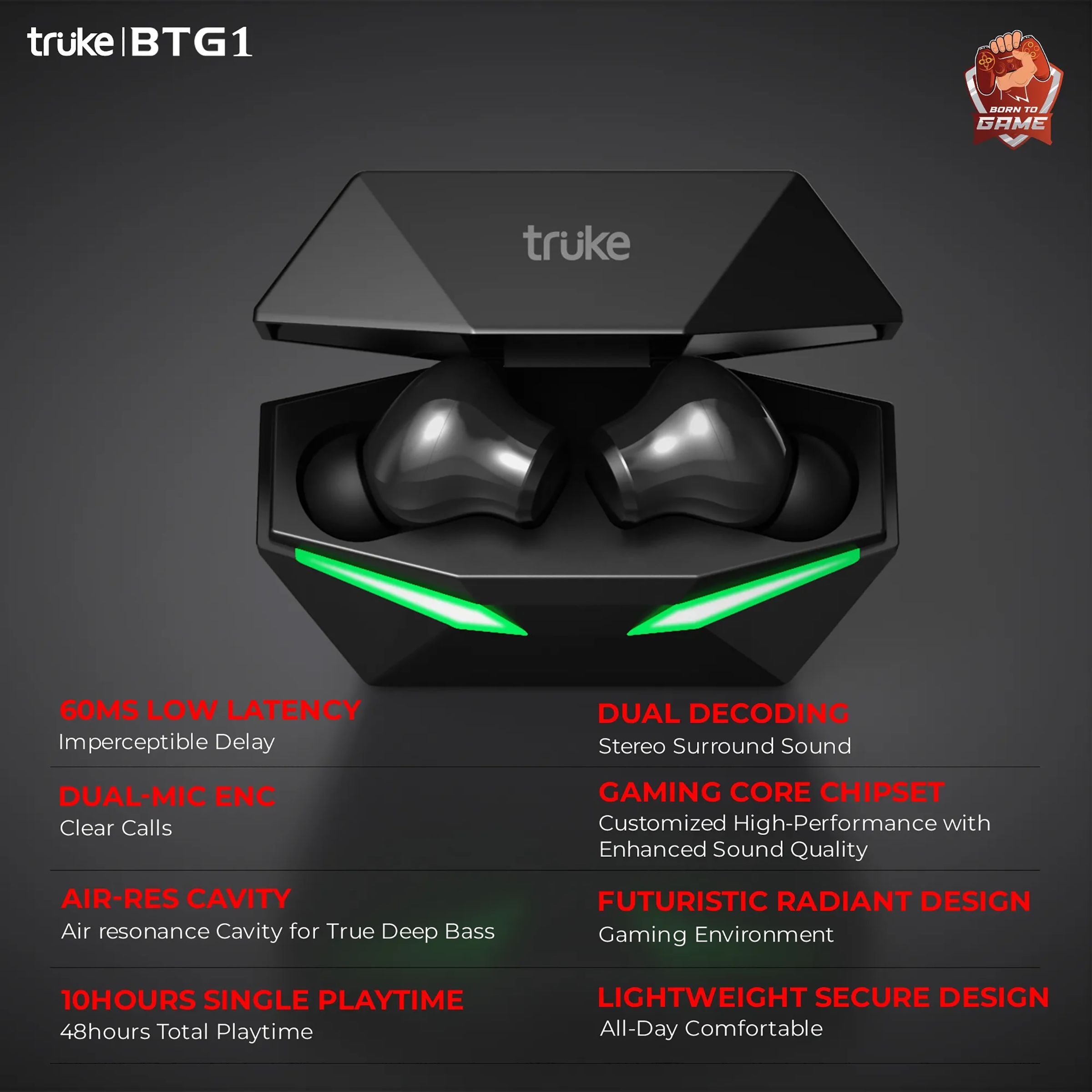 truke BTG 1 E211 TWS Earbuds with Dual Noise Cancellation (IPX4 Sweat & Water Resistant, 48 Hours Playback, Black)_7