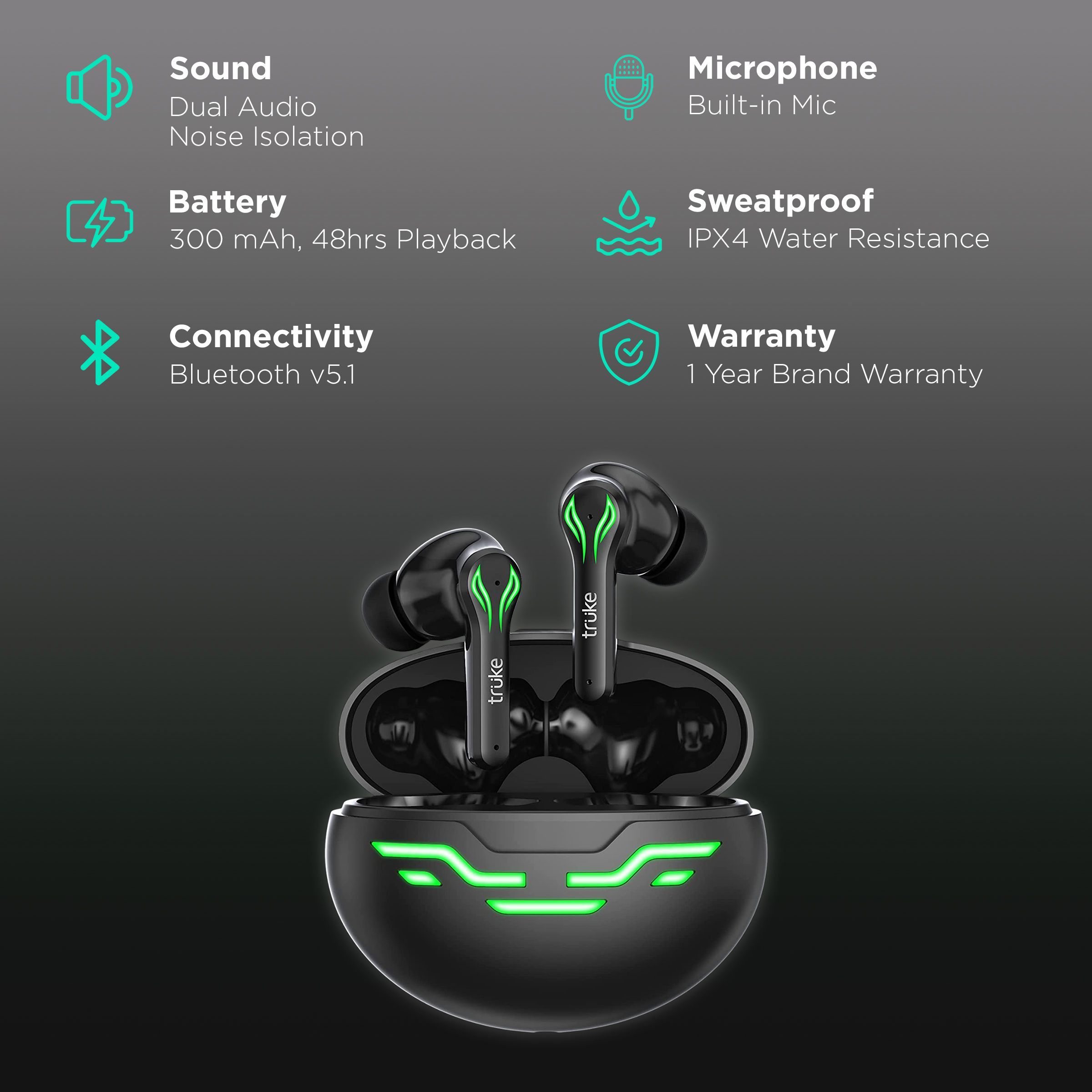 truke BTG 2 E212 TWS Earbuds with Noise Isolation (IPX4 Water Resistant, 48 Hours Playback, Black)_2