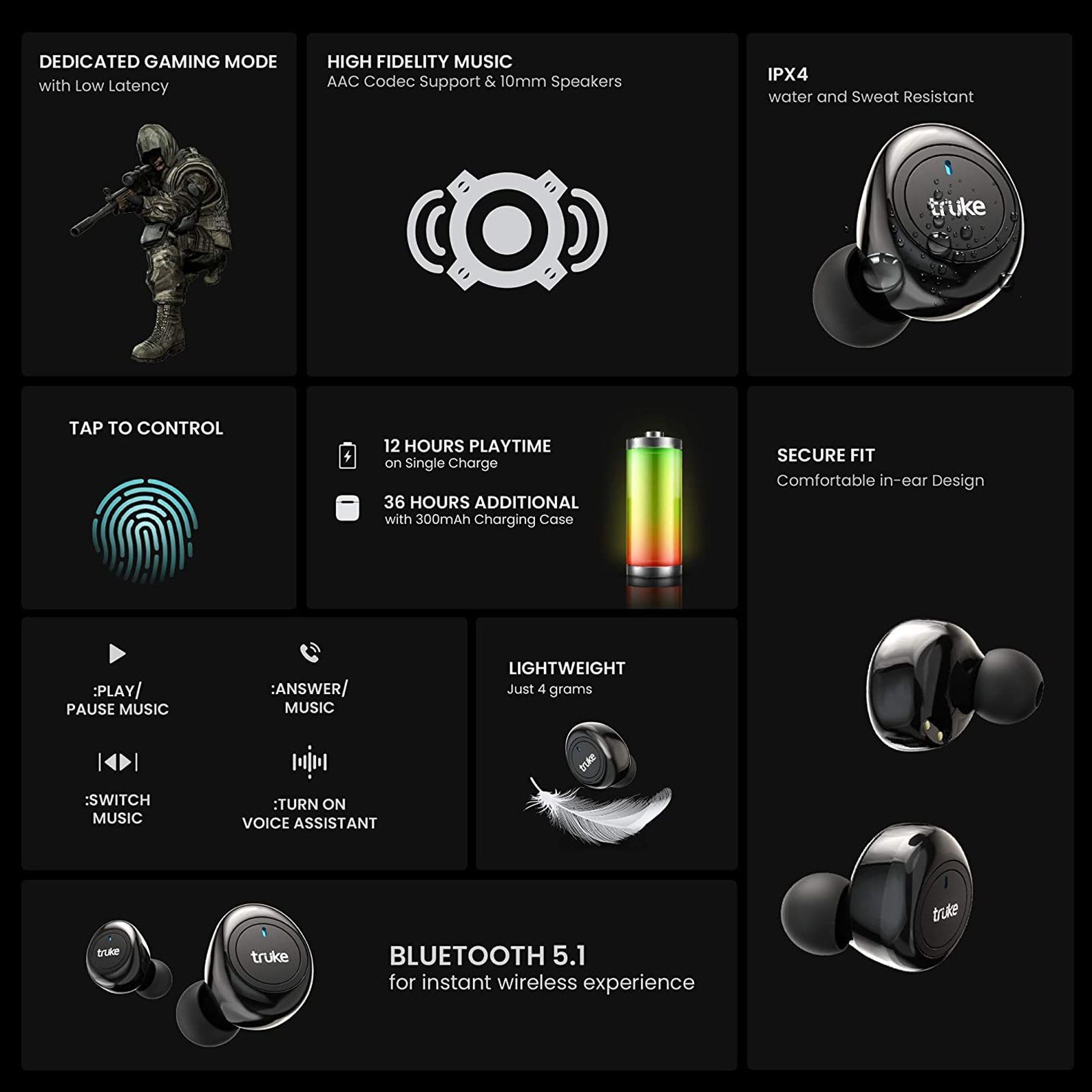 truke Fit 1+ B097 TWS Earbuds with Noise Isolation (IPX4 Sweat & Water Resistant, Dedicated Gaming Mode, Black)_8
