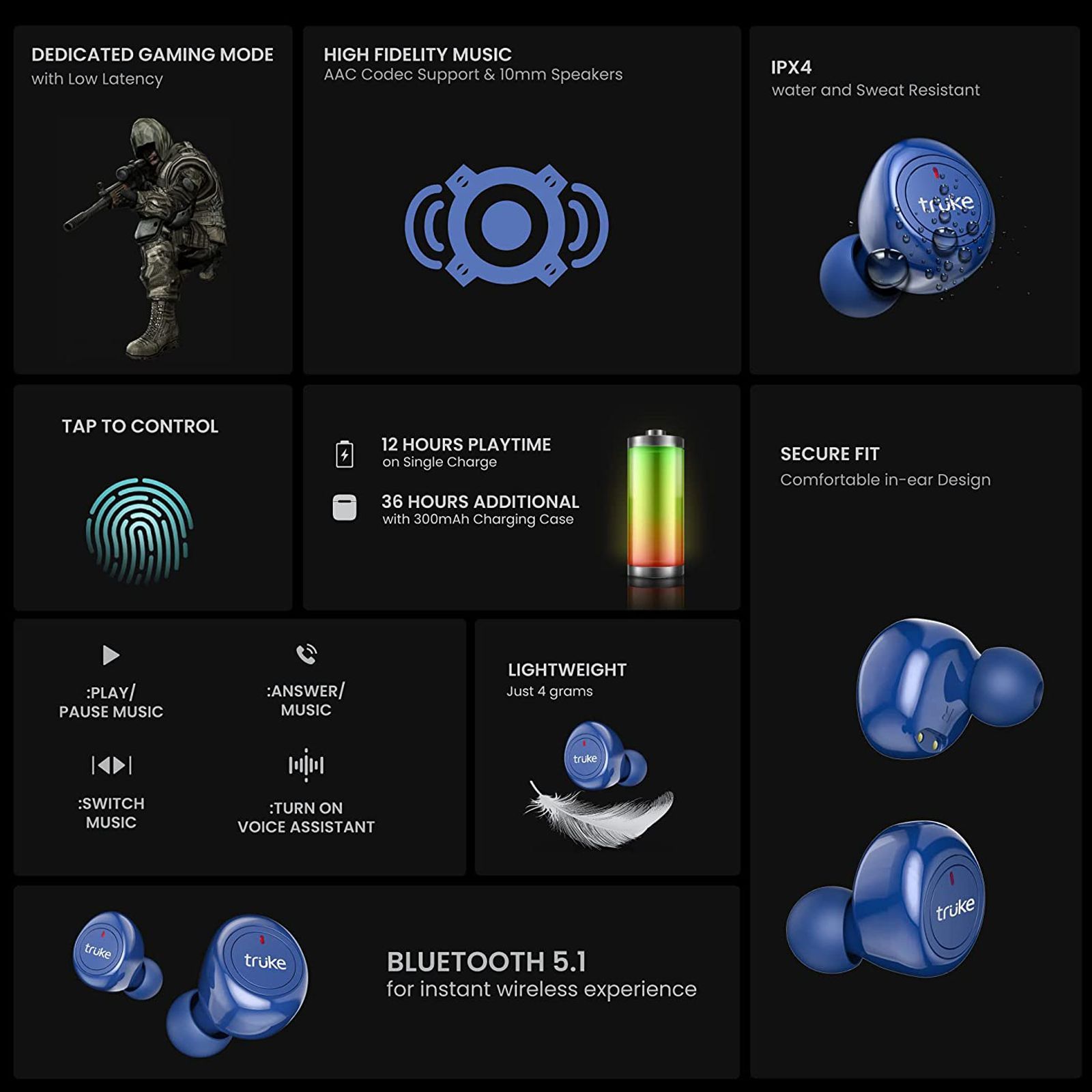 truke Fit 1+ B097 TWS Earbuds with Noise Isolation (IPX4 Sweat & Water Resistant, Dedicated Gaming Mode, Blue)_8