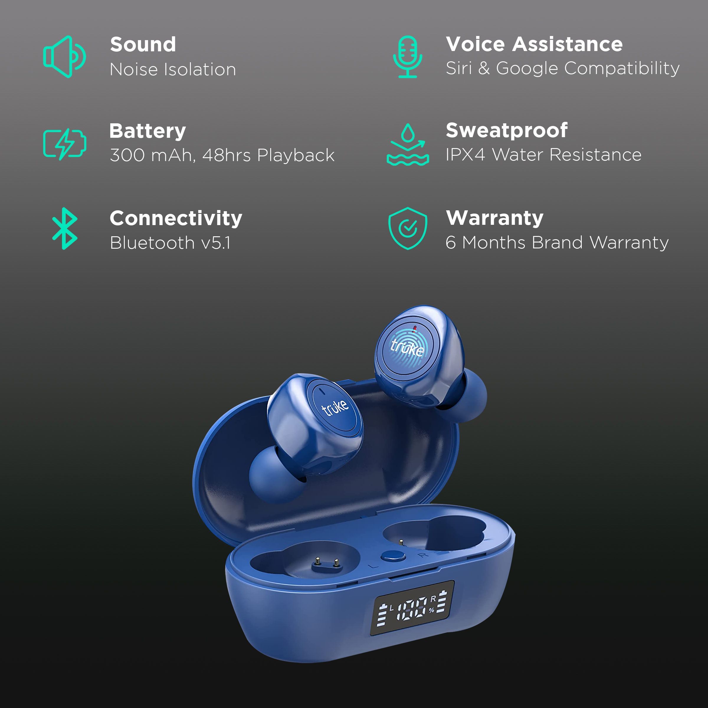 truke Fit 1+ B097 TWS Earbuds with Noise Isolation (IPX4 Sweat & Water Resistant, Dedicated Gaming Mode, Blue)_2