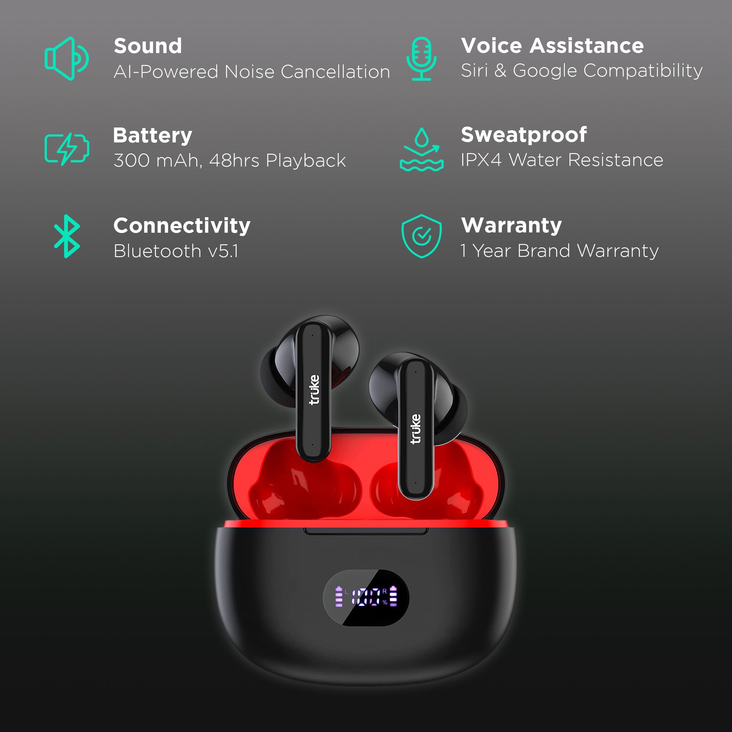 truke Air Buds+ E218 TWS Earbuds with AI Noise Cancellation (IPX4 Water Resistant, 48 Hours Playback, Black)_2