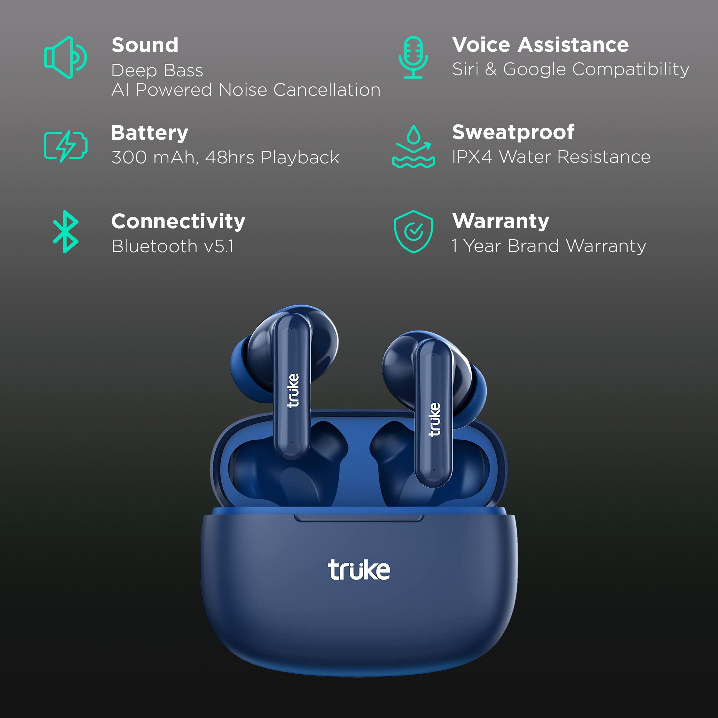 truke Airbuds Lite E1 TWS Earbuds with AI Noise Cancellation (IPX4 Sweat & Water Resistant, 48 Hours Playback, Blue) truke Airbuds Lite E1 TWS Earbuds with AI Noise Cancellation (IPX4 Sweat & Water Resistant, 48 Hours Playback, Blue)_2