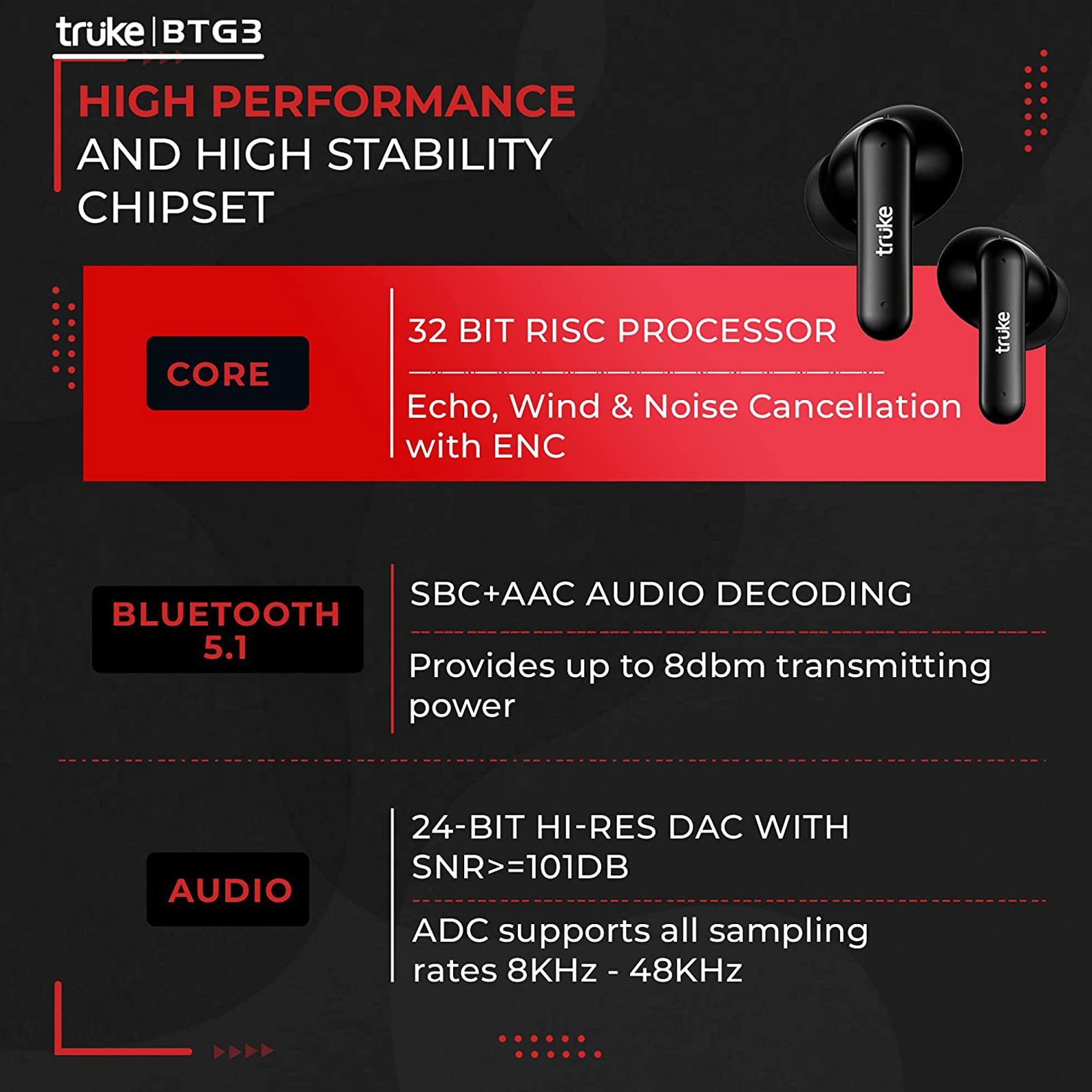 truke BTG 3 E222 TWS Earbuds with AI Noise Cancellation (IPX4 Sweat & Water Resistant, 48 Hours Playback, Black)_7