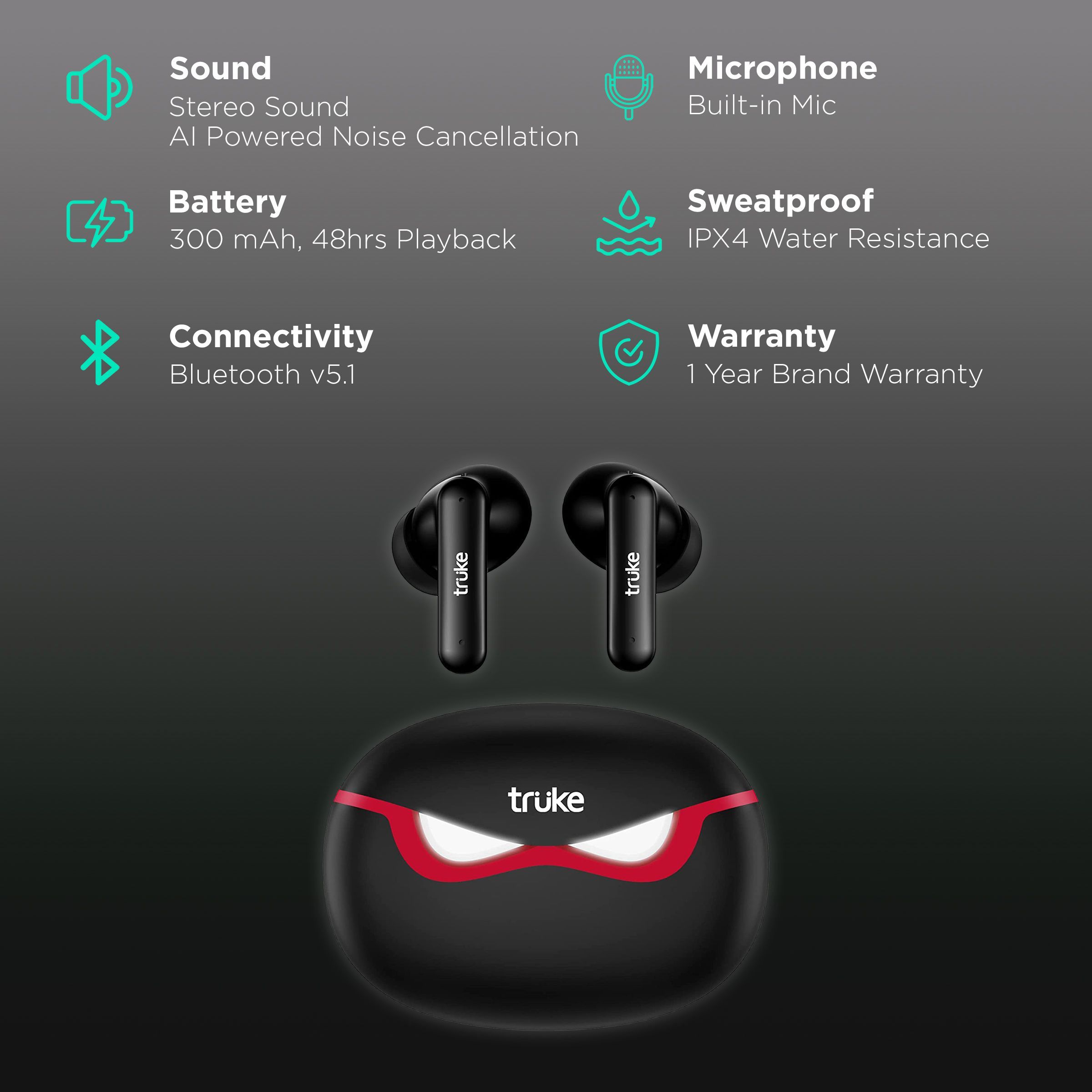 truke BTG 3 E222 TWS Earbuds with AI Noise Cancellation (IPX4 Sweat & Water Resistant, 48 Hours Playback, Black)_2